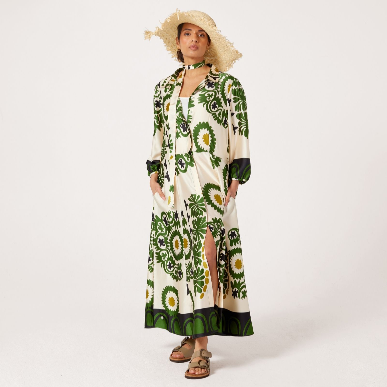 Malissa J Printed Maxi Shirt Dress with Border & Self Tie