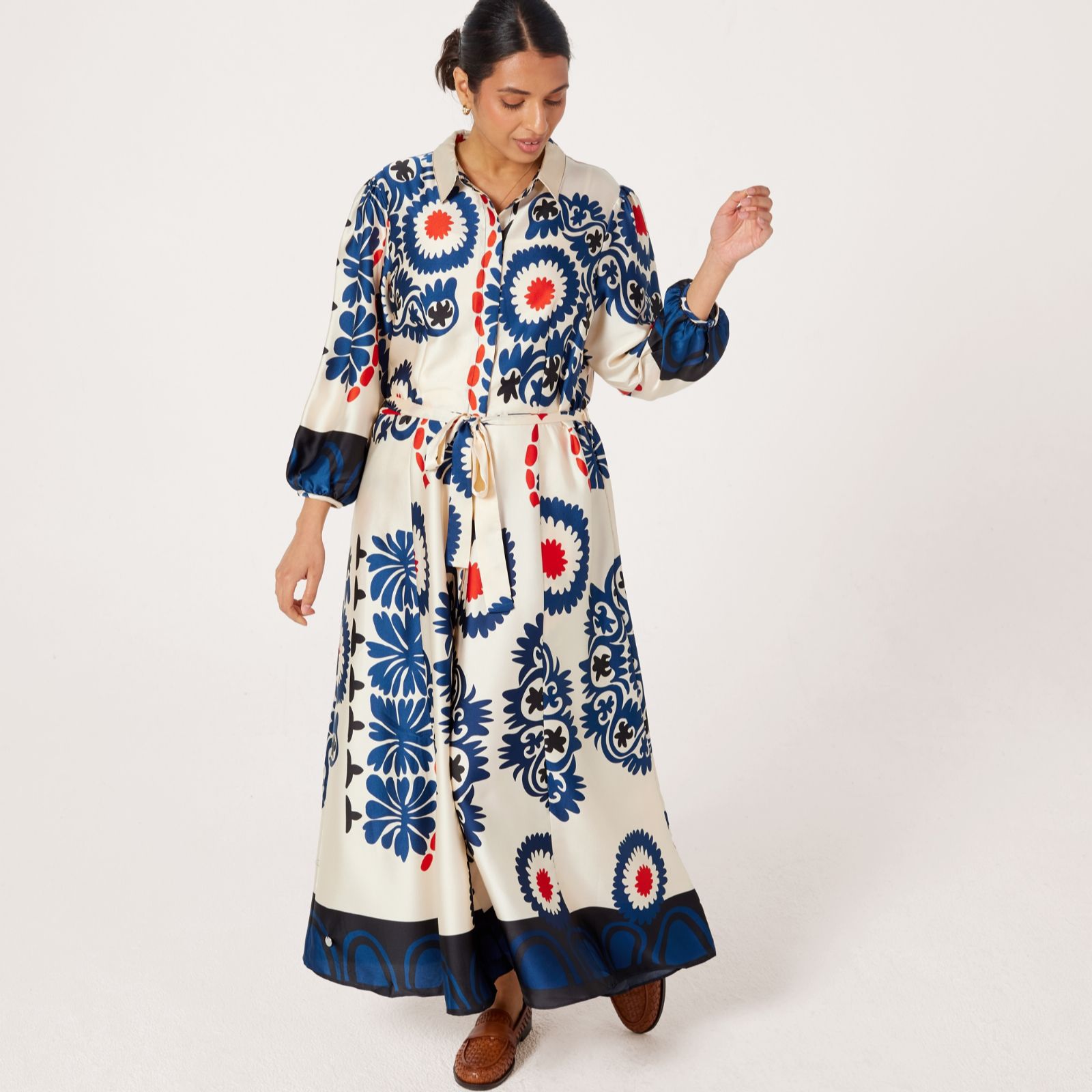 Malissa J Printed Maxi Shirt Dress with Border & Self Tie