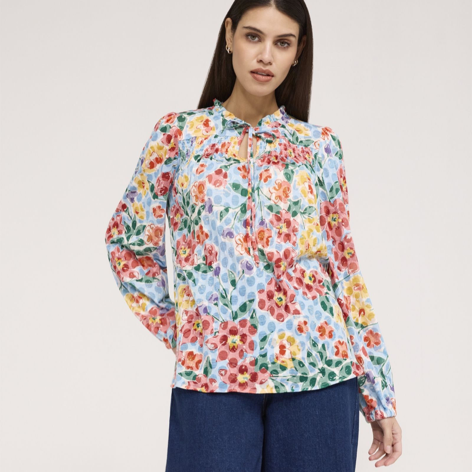 Finery Lizzie Printed Floral Jersey Ruffle Neck Blouse