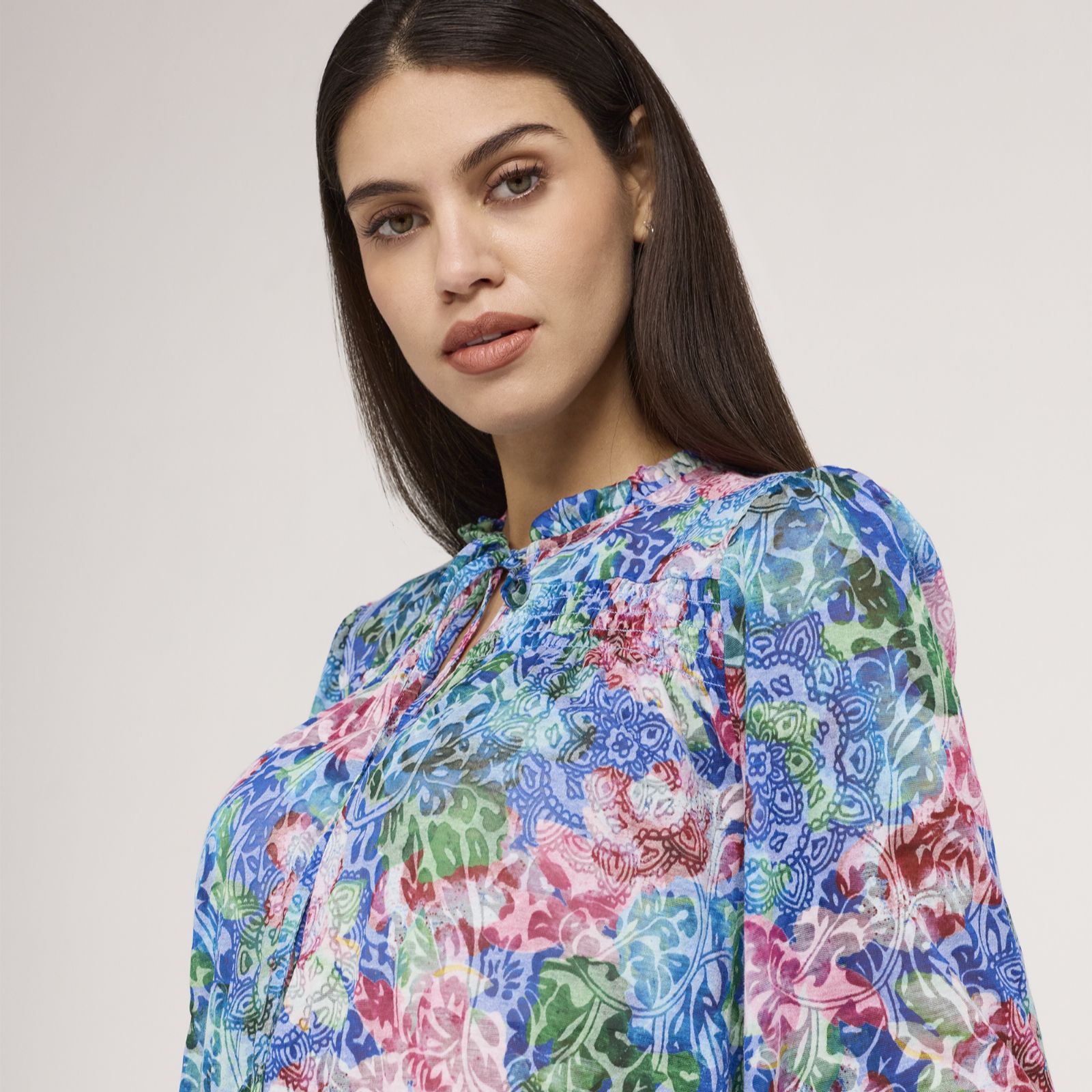 Finery Lizzie Printed Floral Jersey Ruffle Neck Blouse