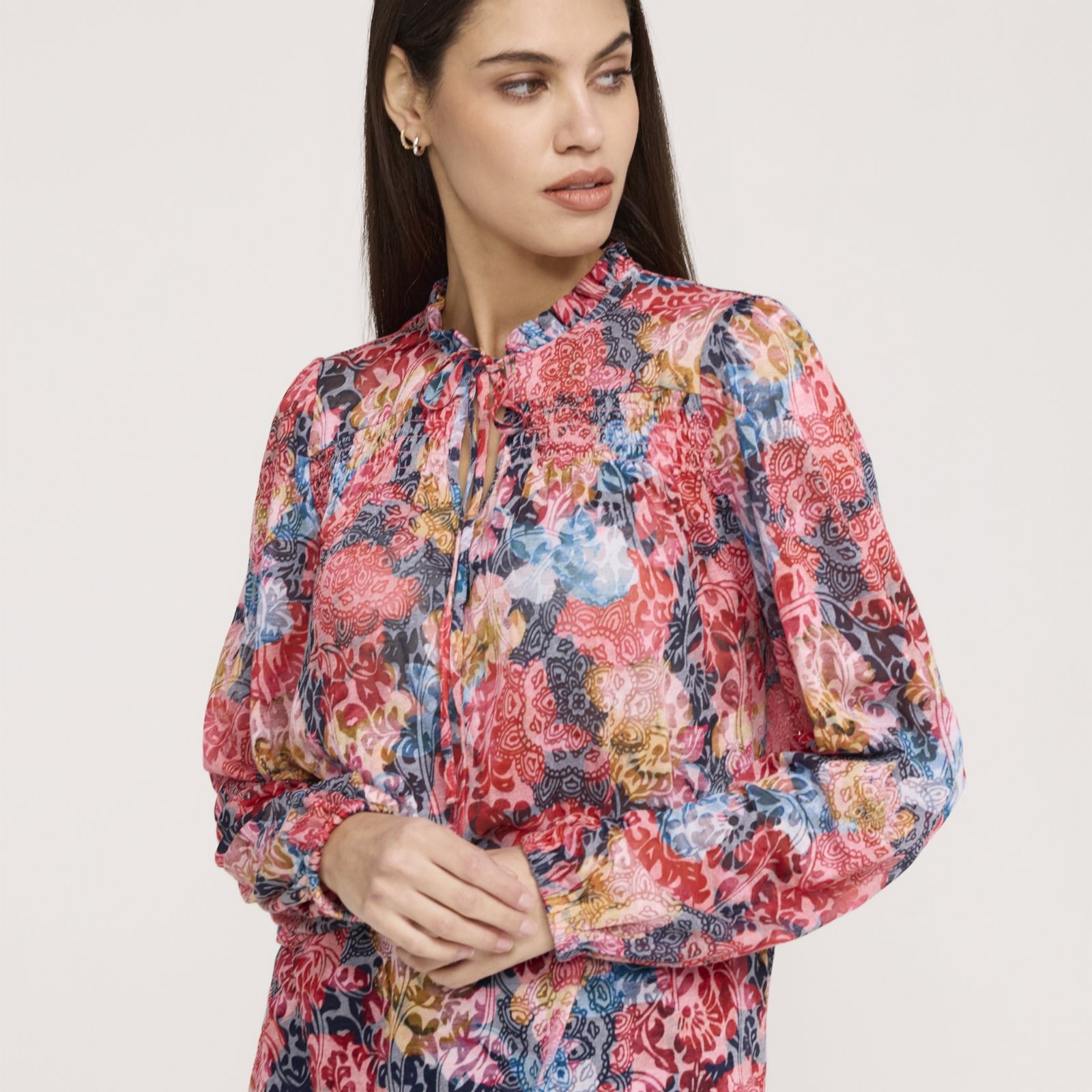 Finery Lizzie Printed Floral Jersey Ruffle Neck Blouse