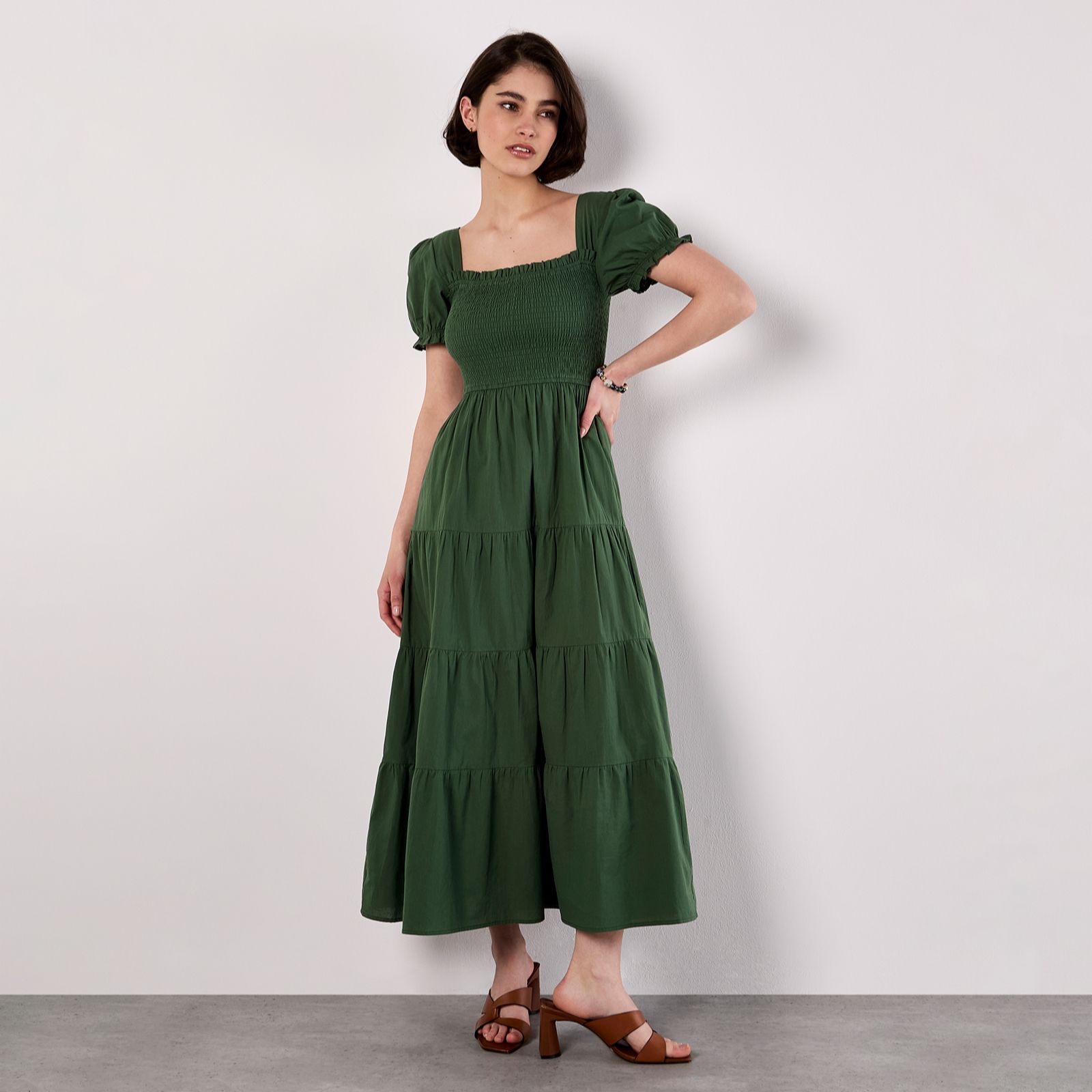 Apricot Smocked Cotton Poplin Midi Dress