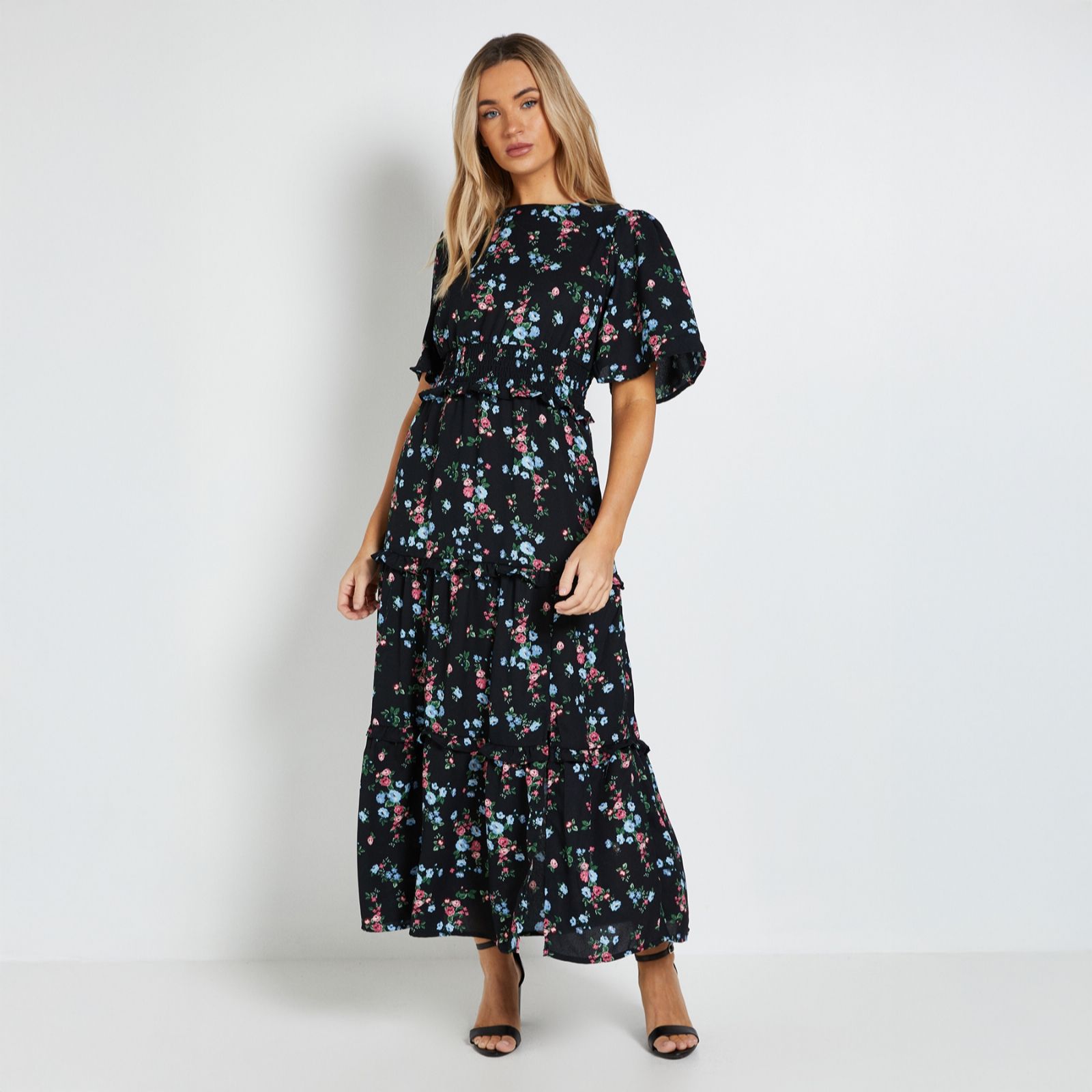 Dorothy Perkins Shirred Waist Angel Sleeve Tiered Maxi Dress