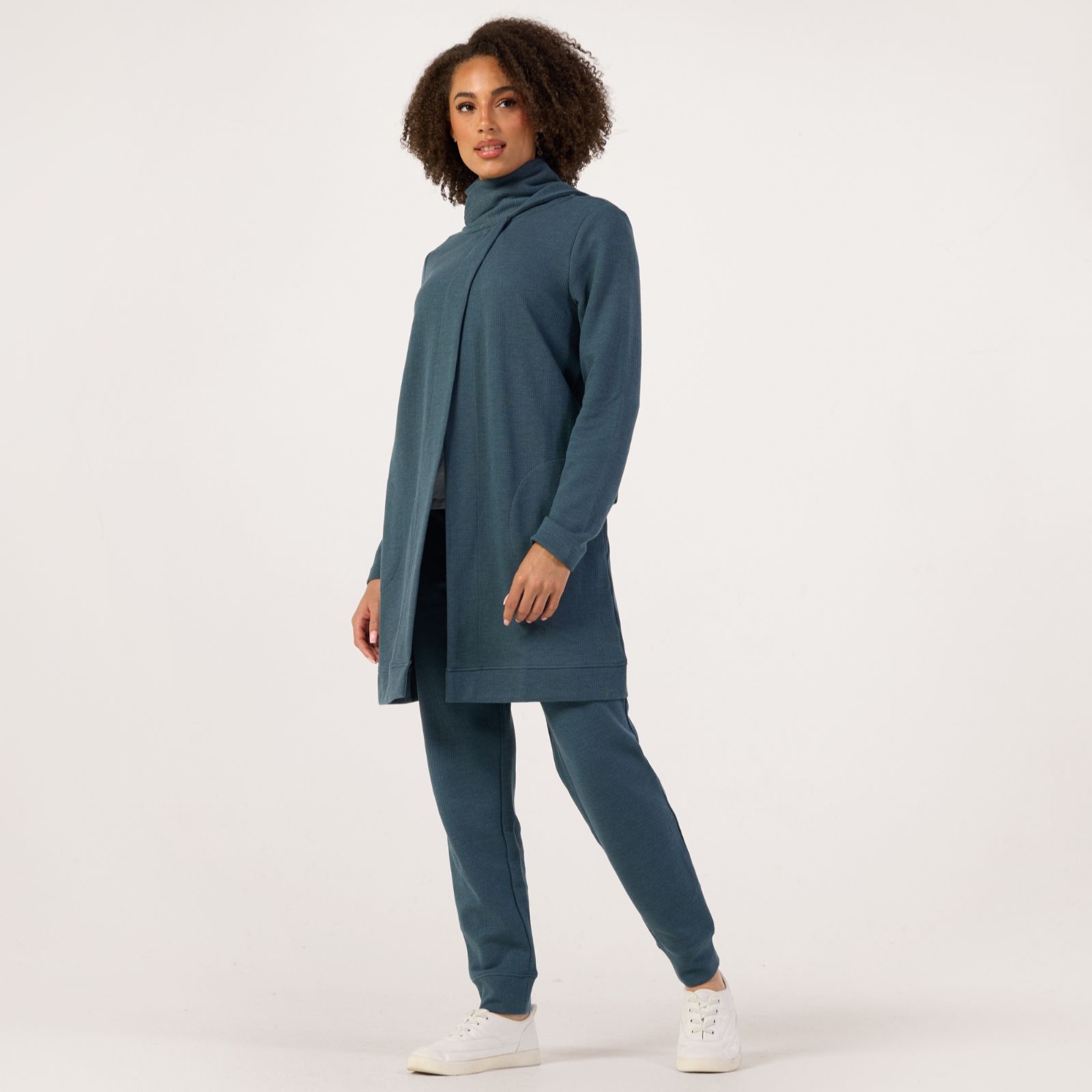 Denim & Co. Brushed Waffle Cardigan with Neck Scarf
