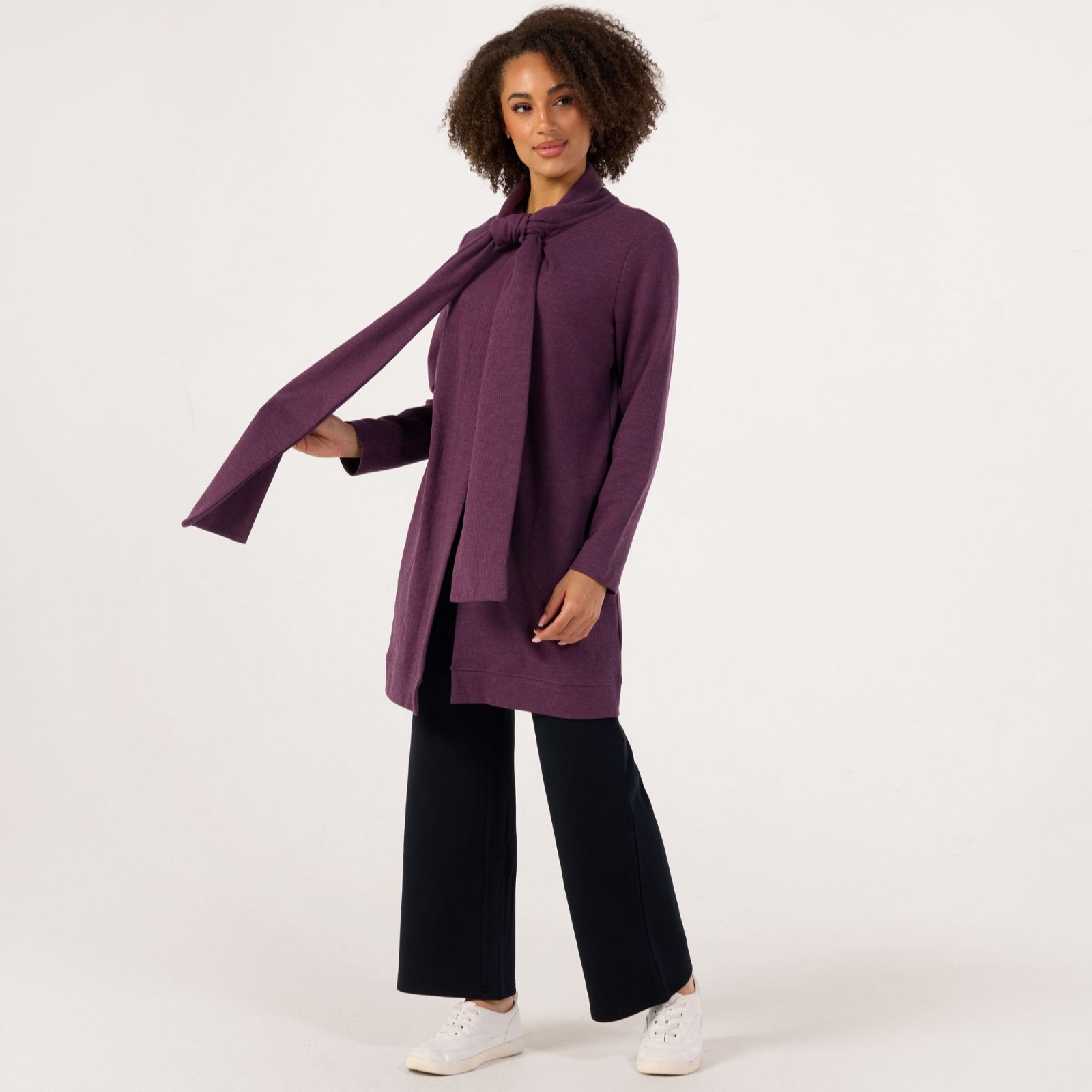 Denim & Co. Brushed Waffle Cardigan with Neck Scarf