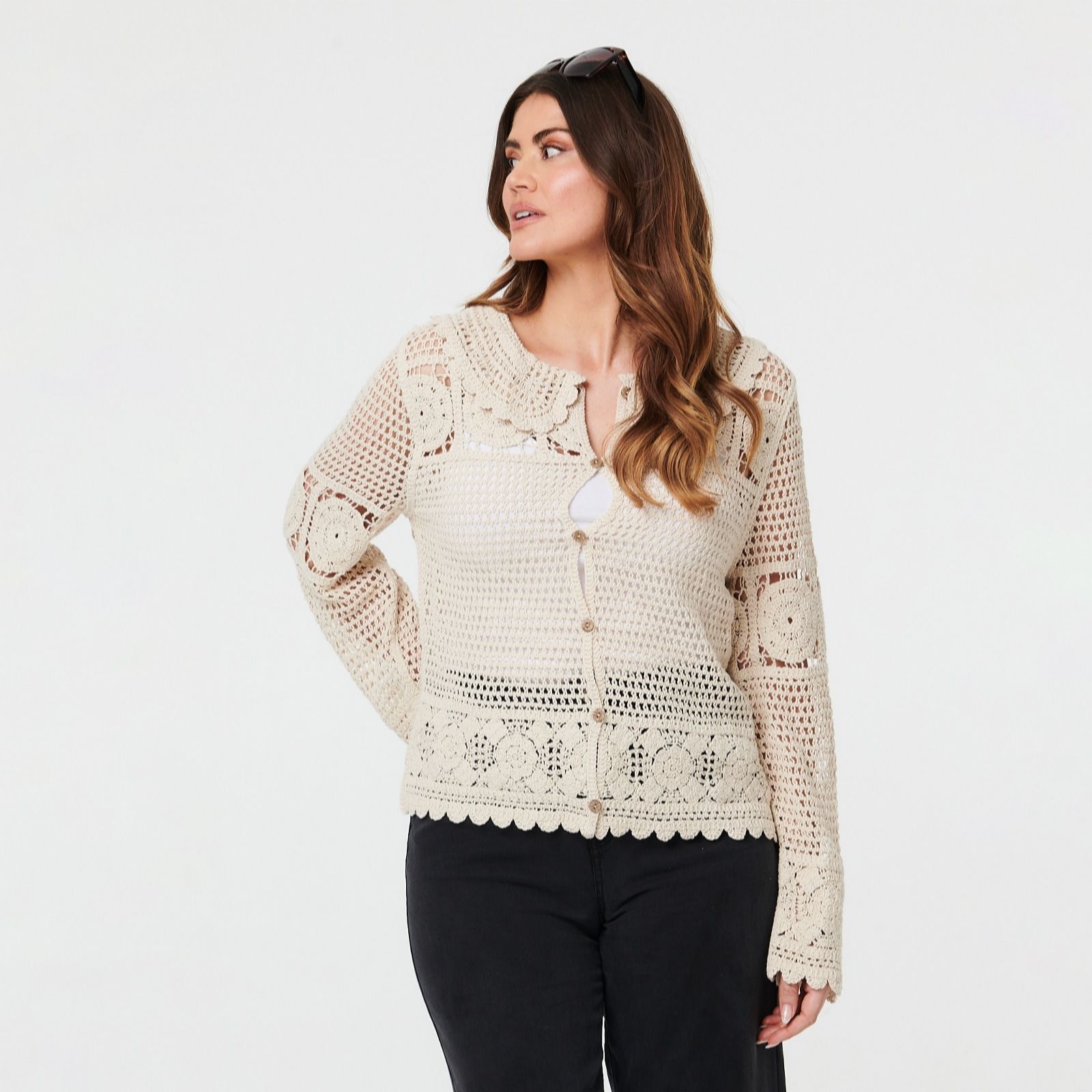 Izabel London Collared Cotton Crochet Cardigan