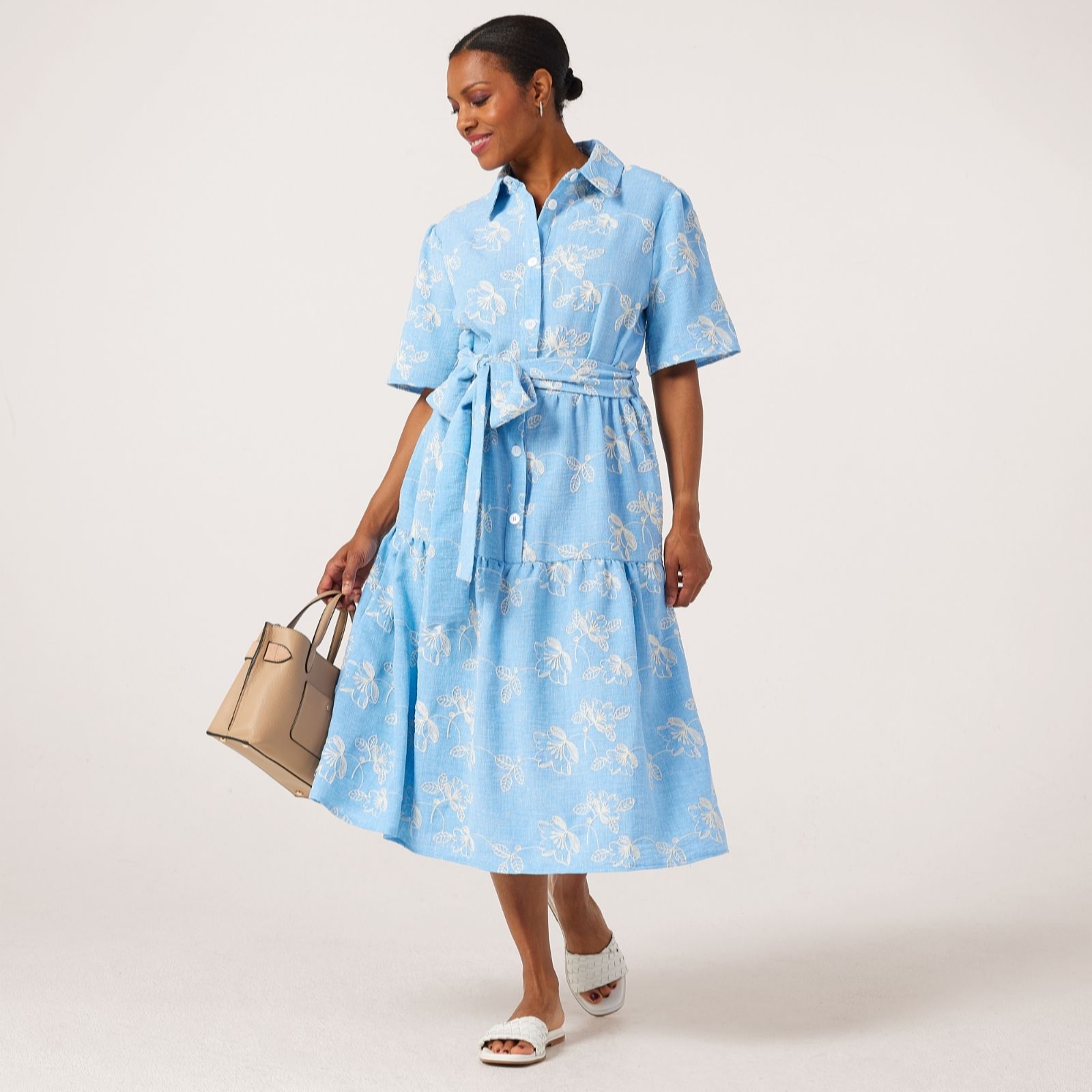 Helene Berman Floral Embroidered Light Denim Look Shirt Dress
