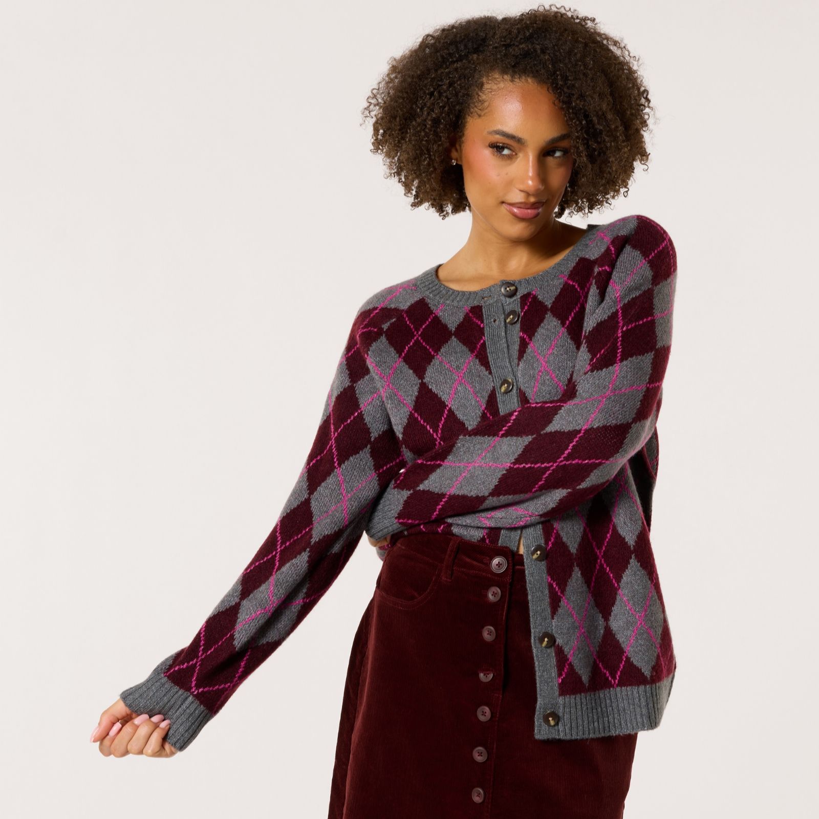 Denim & Co. Argyle Crew Neck Cardigan