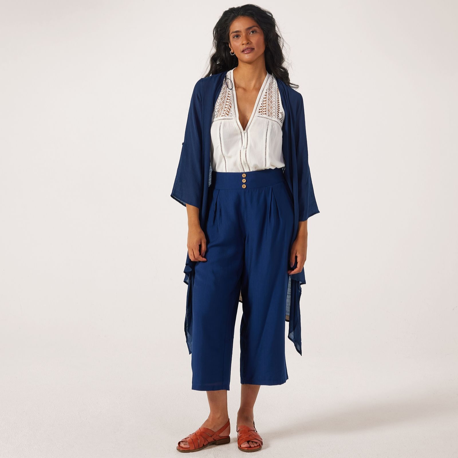 Frank Usher Cropped Woven Trousers With Button Detail Elastic Waist