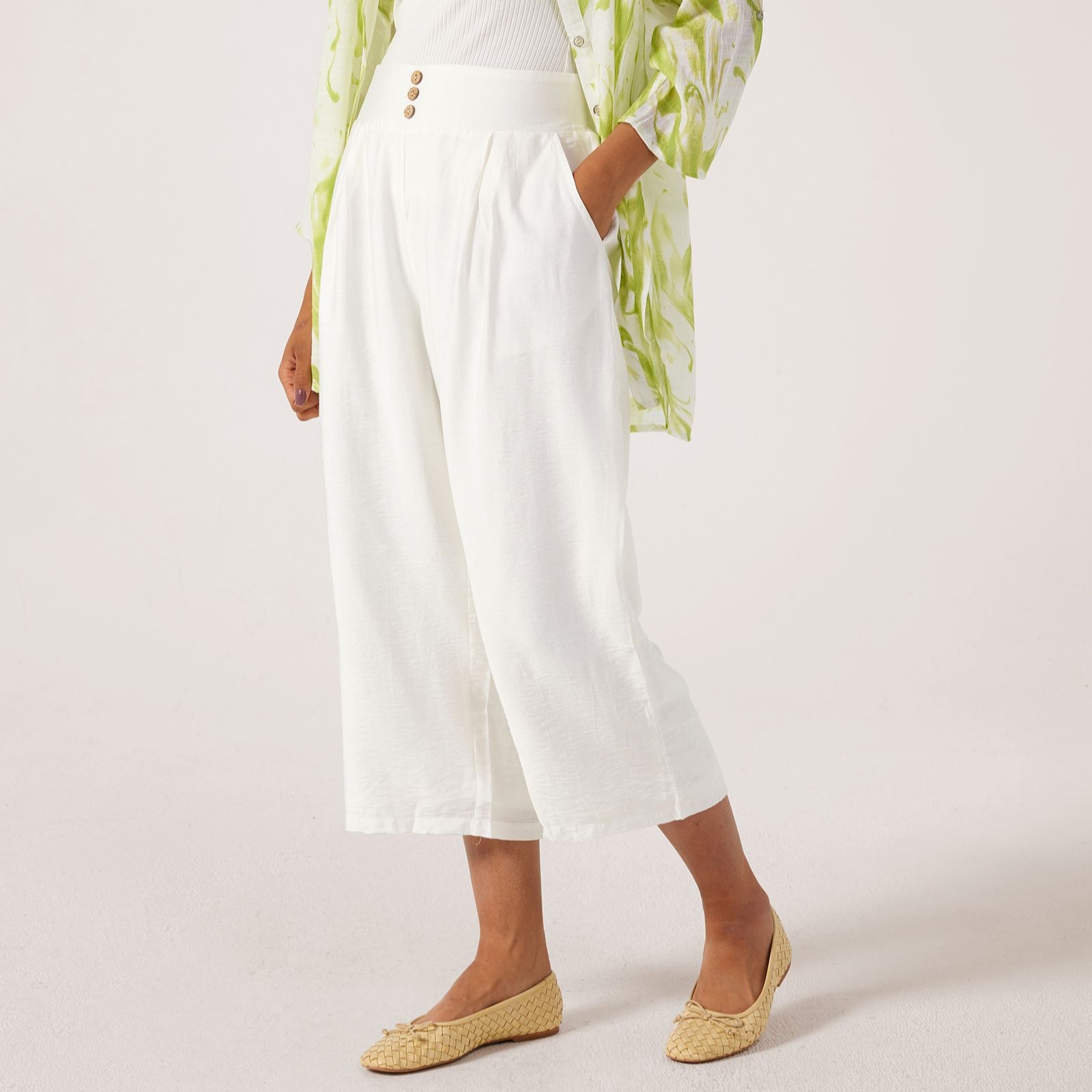 Frank Usher Cropped Woven Trousers With Button Detail Elastic Waist
