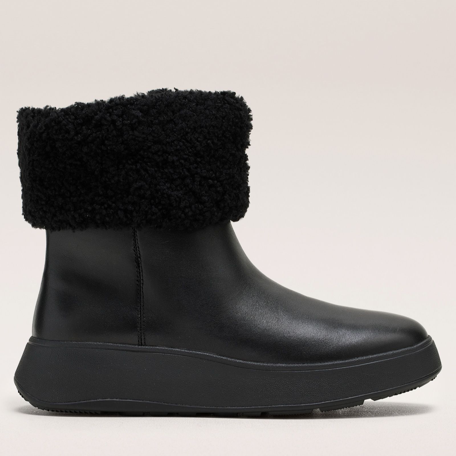 FitFlop F-Mode Shearling-Collar Zip-Up Leather Ankle Boots