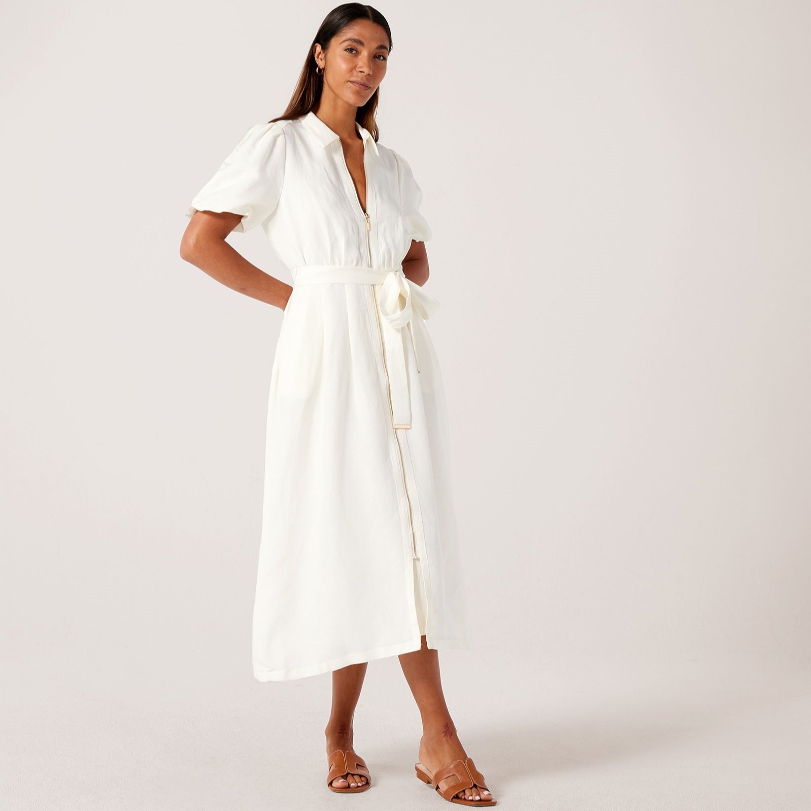 Phase Eight Carey Linen White Dress with Zip