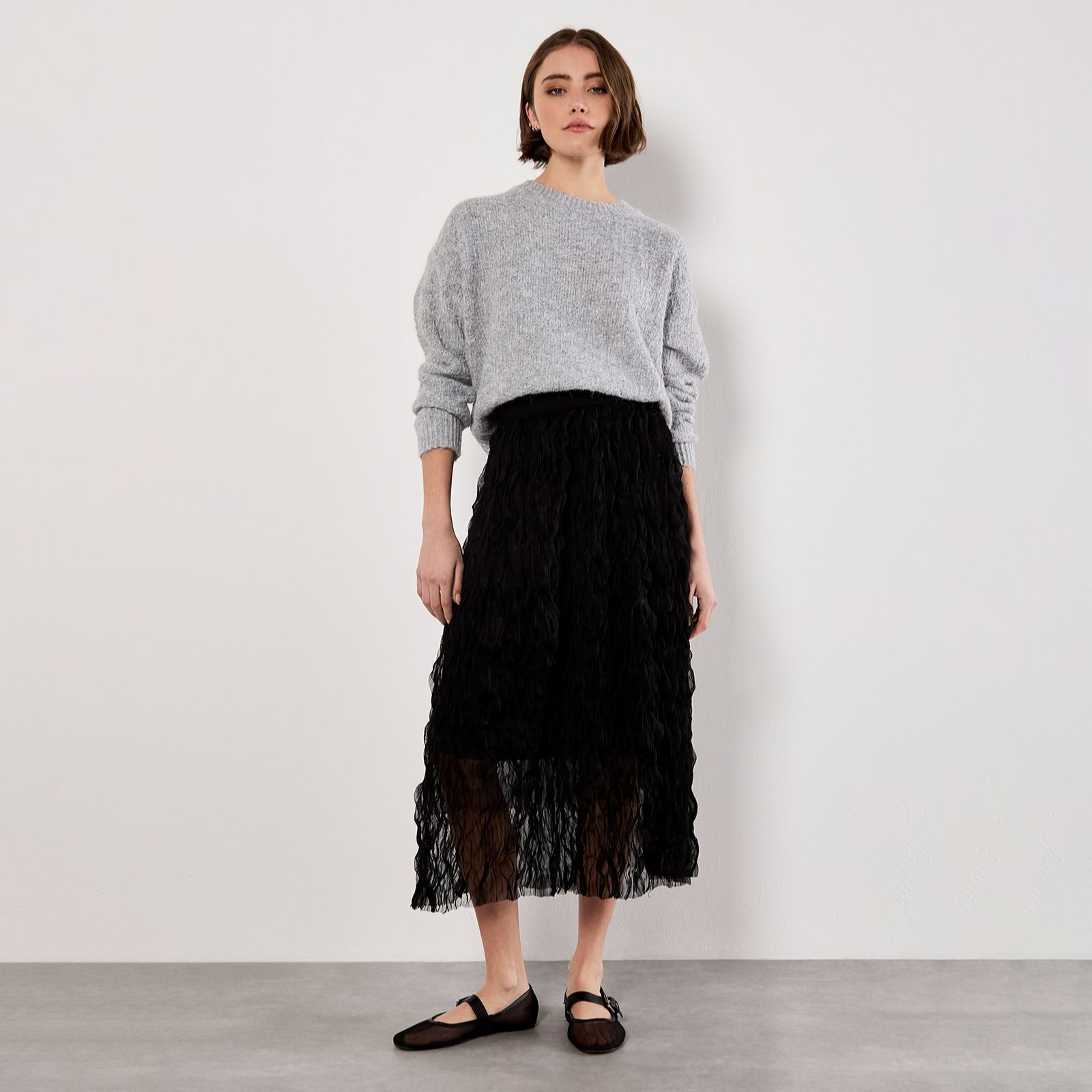 Apricot Wavy Tulle Midi Skirt