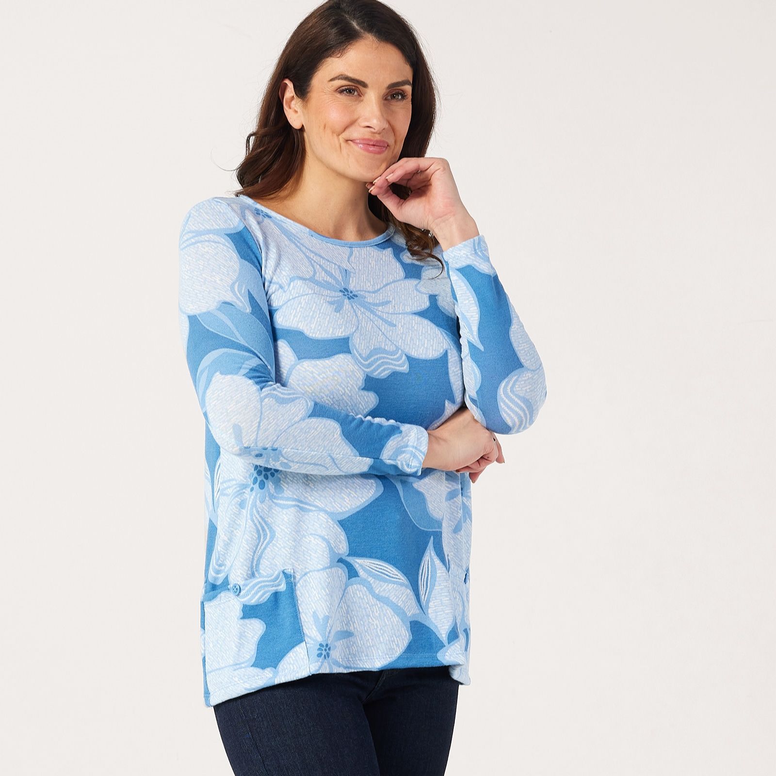 Kim & Co Printed Soft Touch Knit Jumper Tunic With Pockets