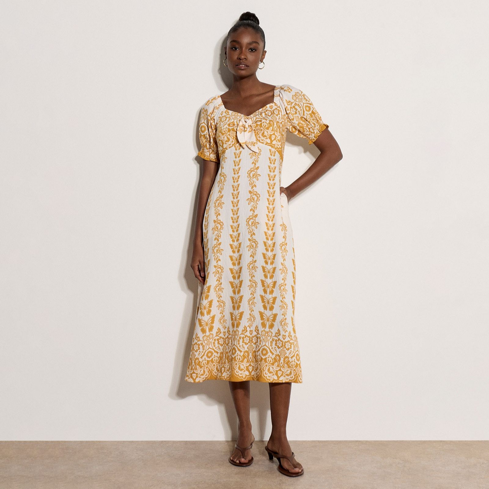 Apricot Butterflies Border Tie Front Dress