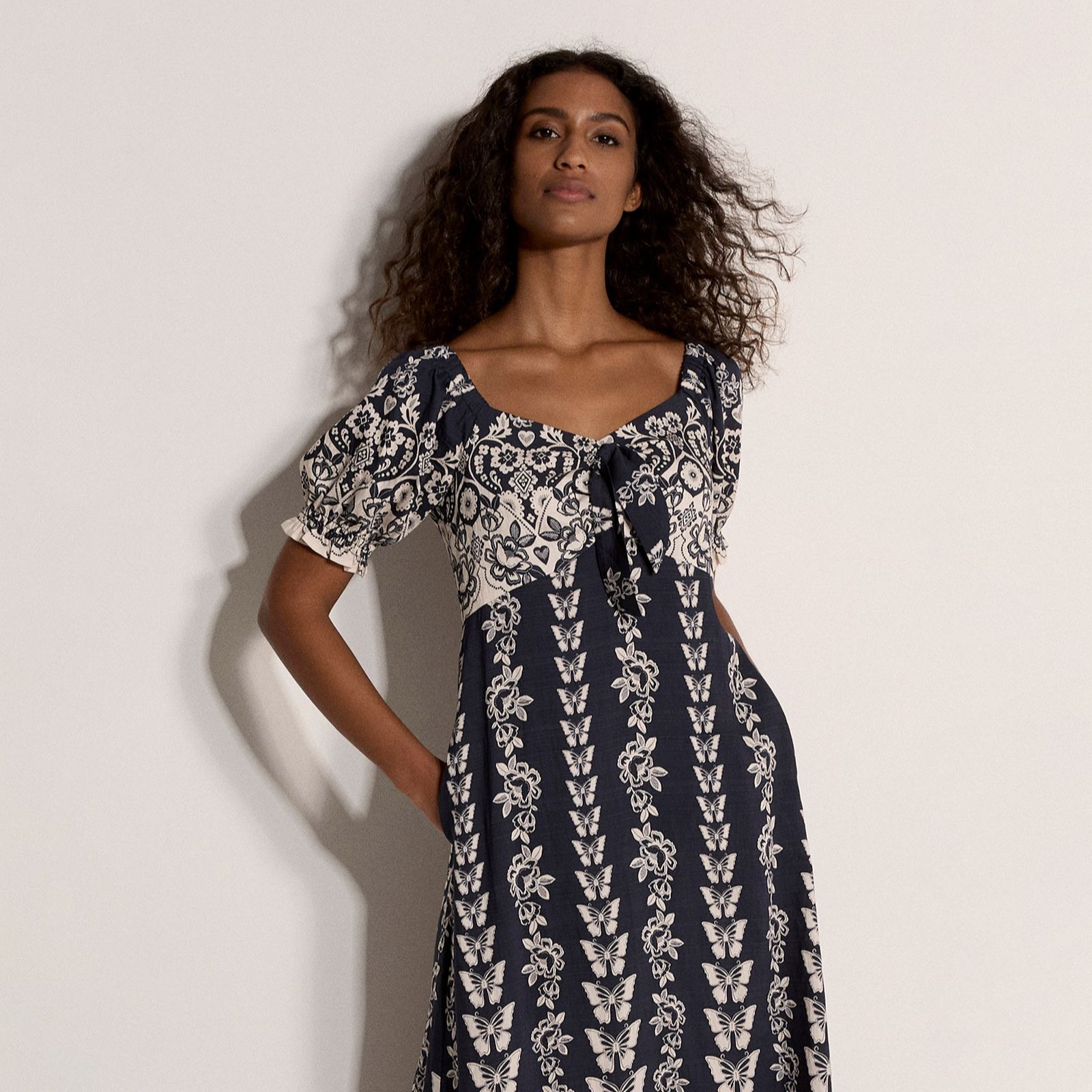 Apricot Butterflies Border Tie Front Dress