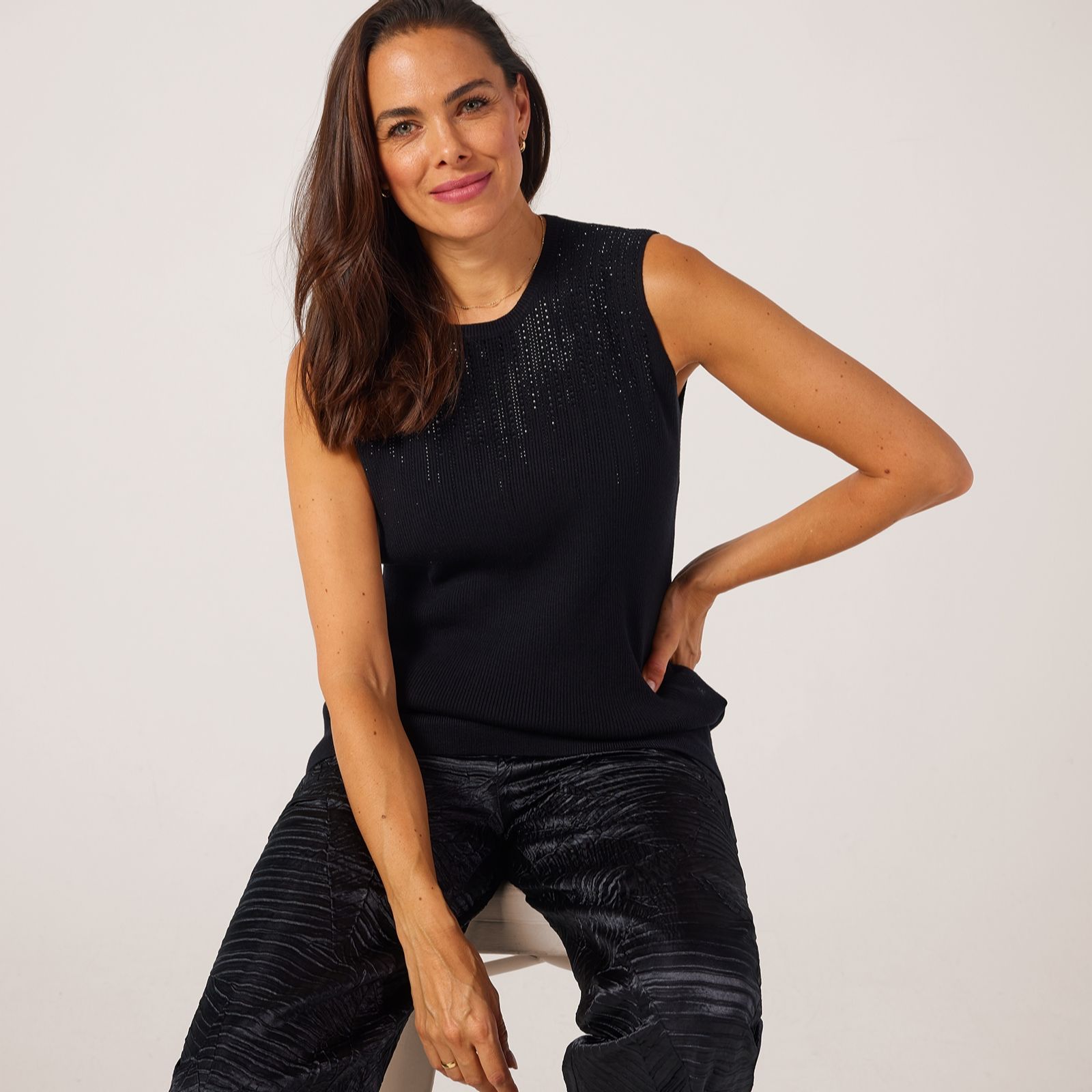 Frank Usher Sleeveless Ribbed Knit Top with Rain Stud Design