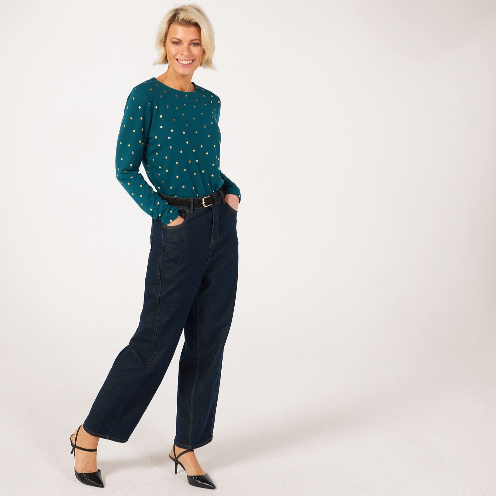 Denim & Co. Foil Polka Dot Crew Neck Top