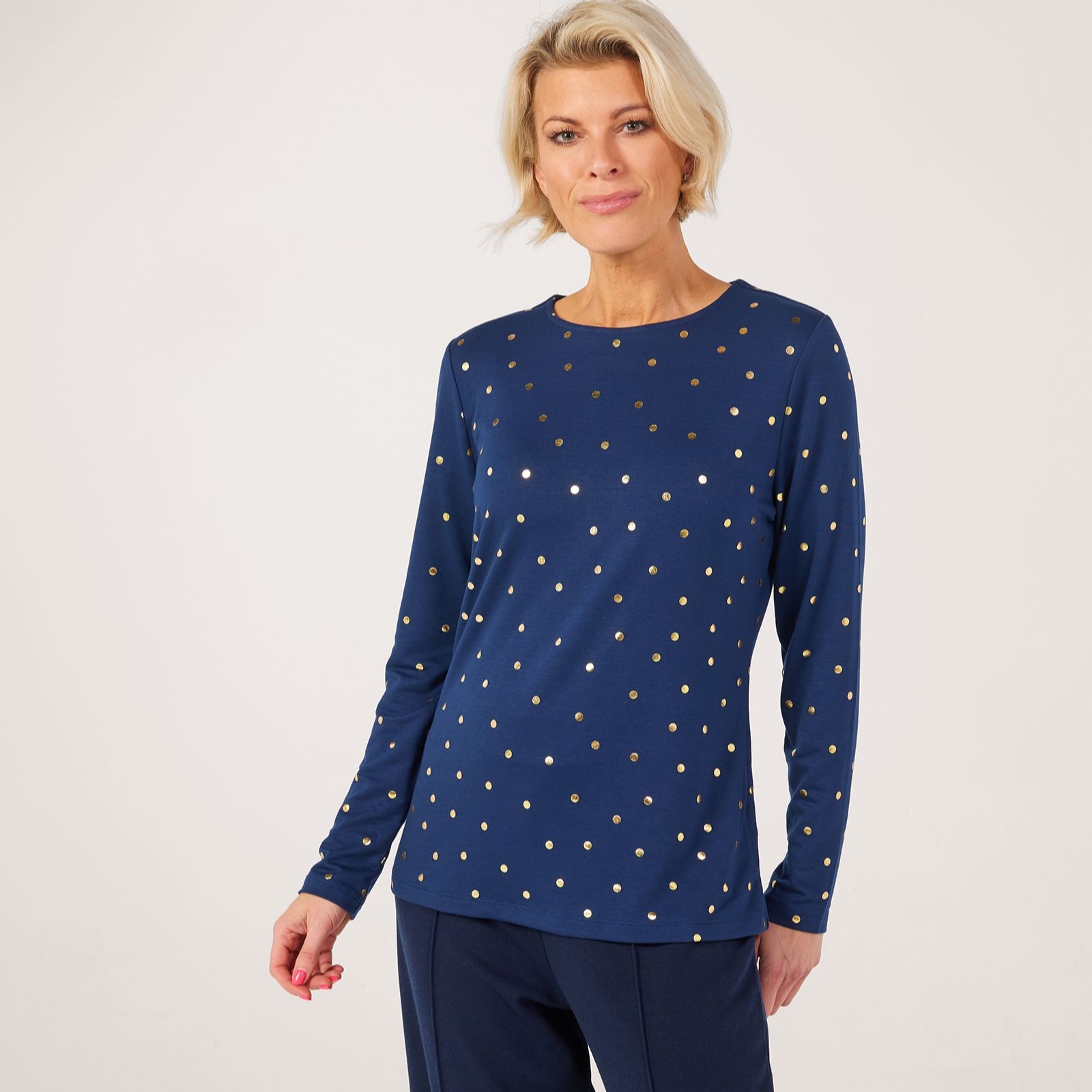 Denim & Co. Foil Polka Dot Crew Neck Top
