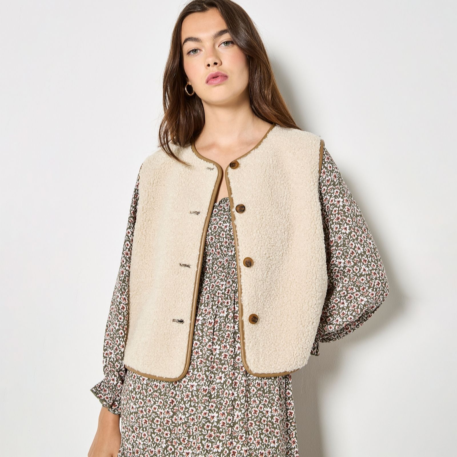 Apricot Curly Borg & Suede Open Gilet