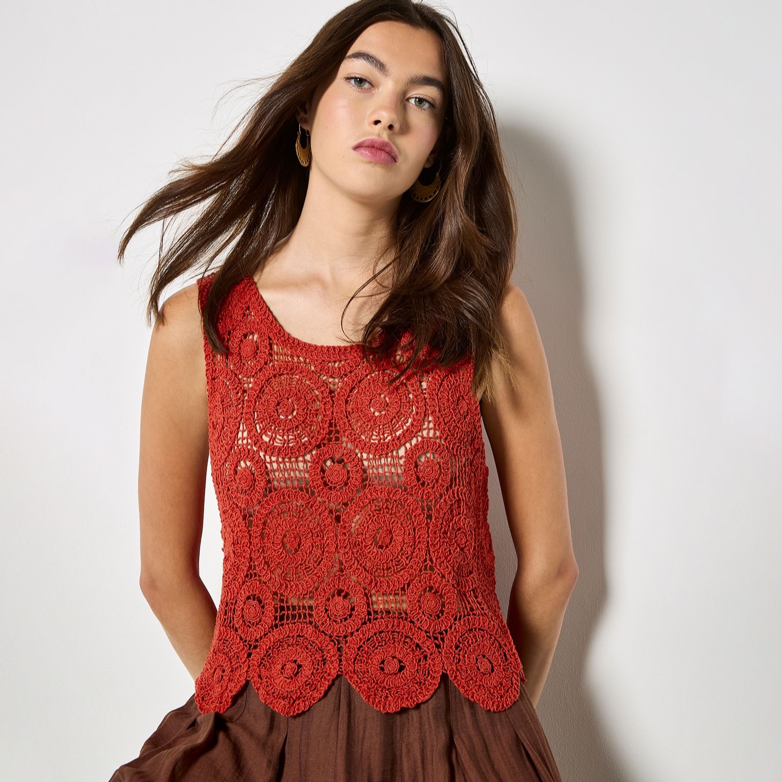 Apricot Circles Crochet Shell Top