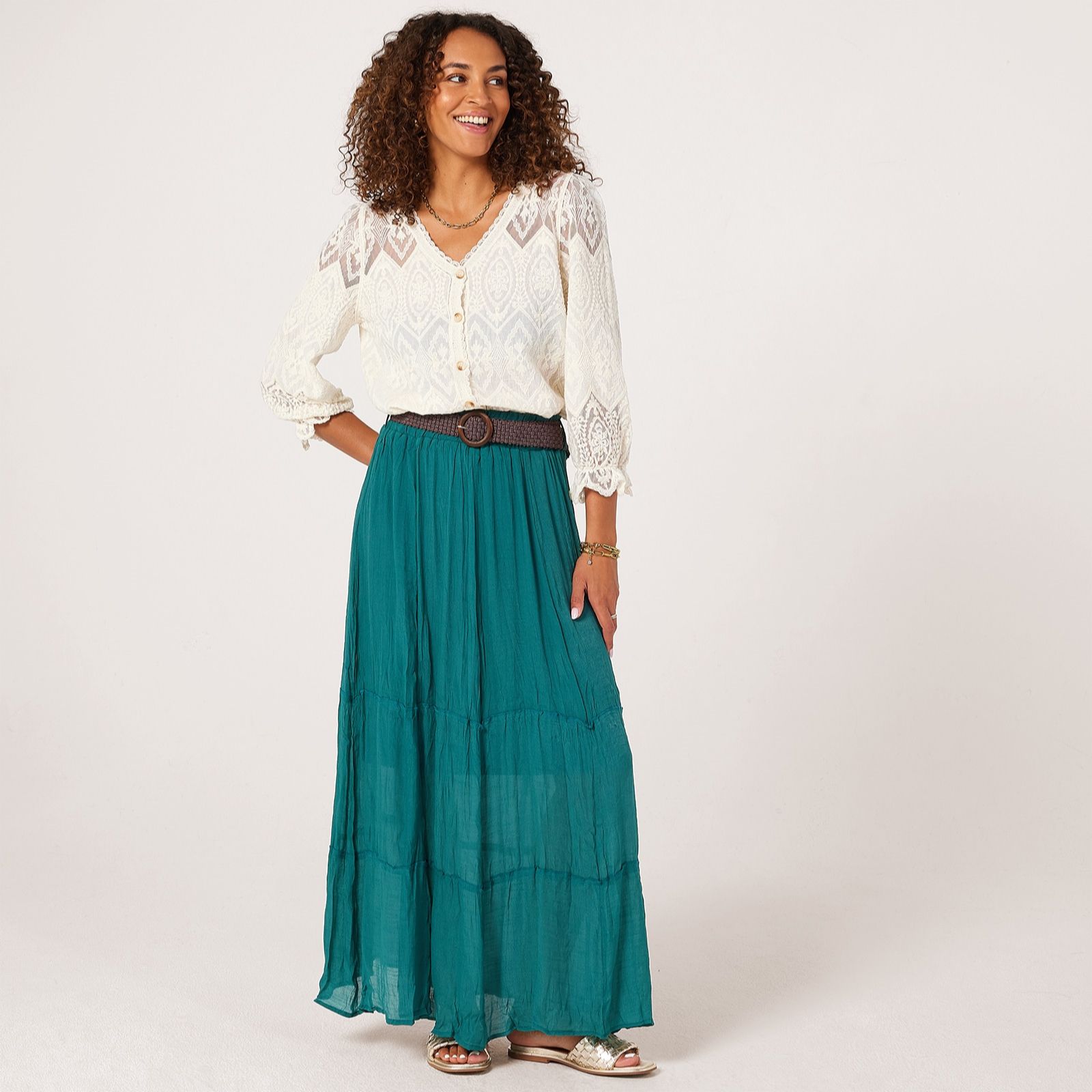 Apricot Tiered Maxi Belted Skirt Standard