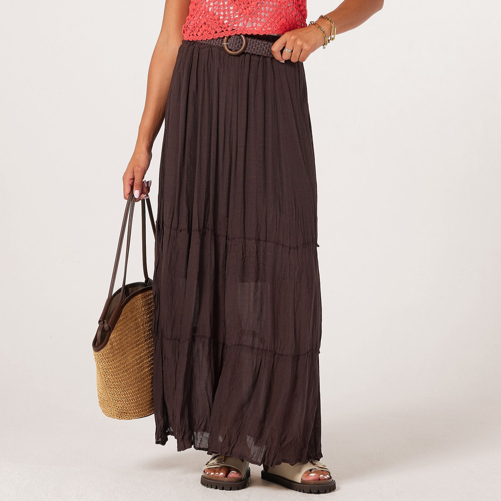 Apricot Tiered Maxi Belted Skirt Standard
