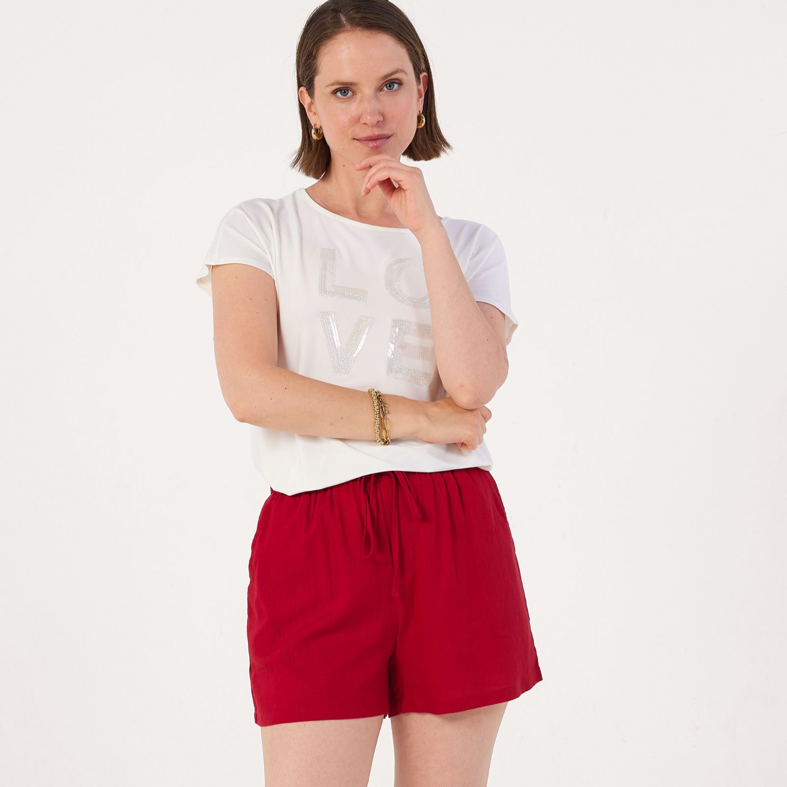 Kim & Co Deluxe Brazil Jersey Sequins Applique Short Sleeve Top
