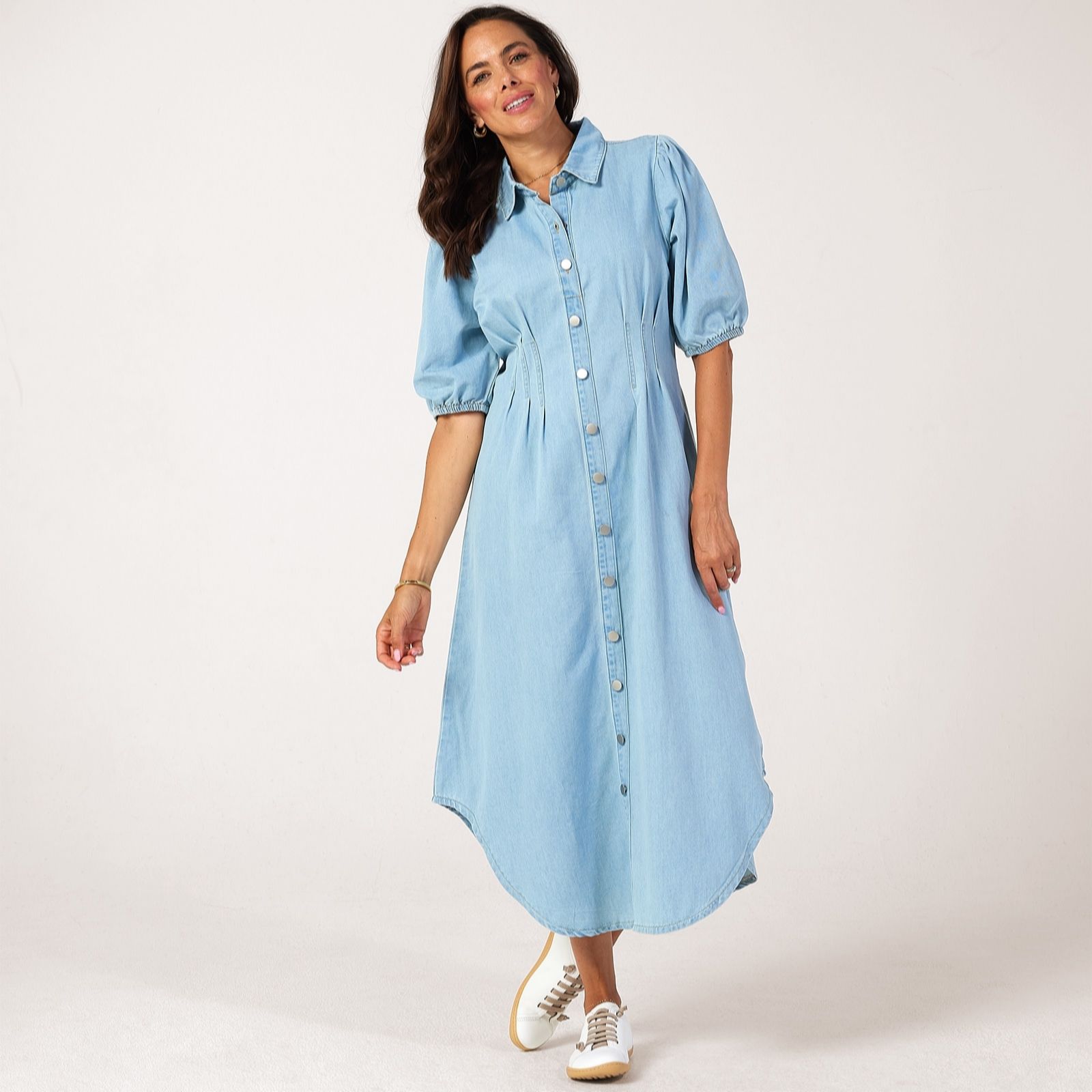 Izabel London Pleated Waist Denim Look Midi Dress