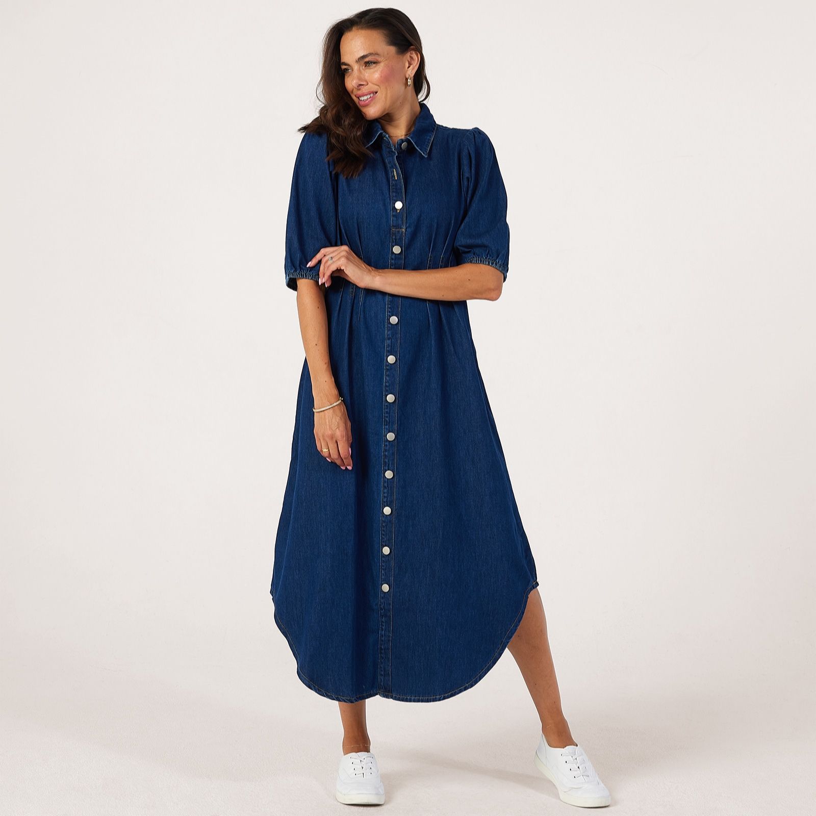 Izabel London Pleated Waist Denim Look Midi Dress