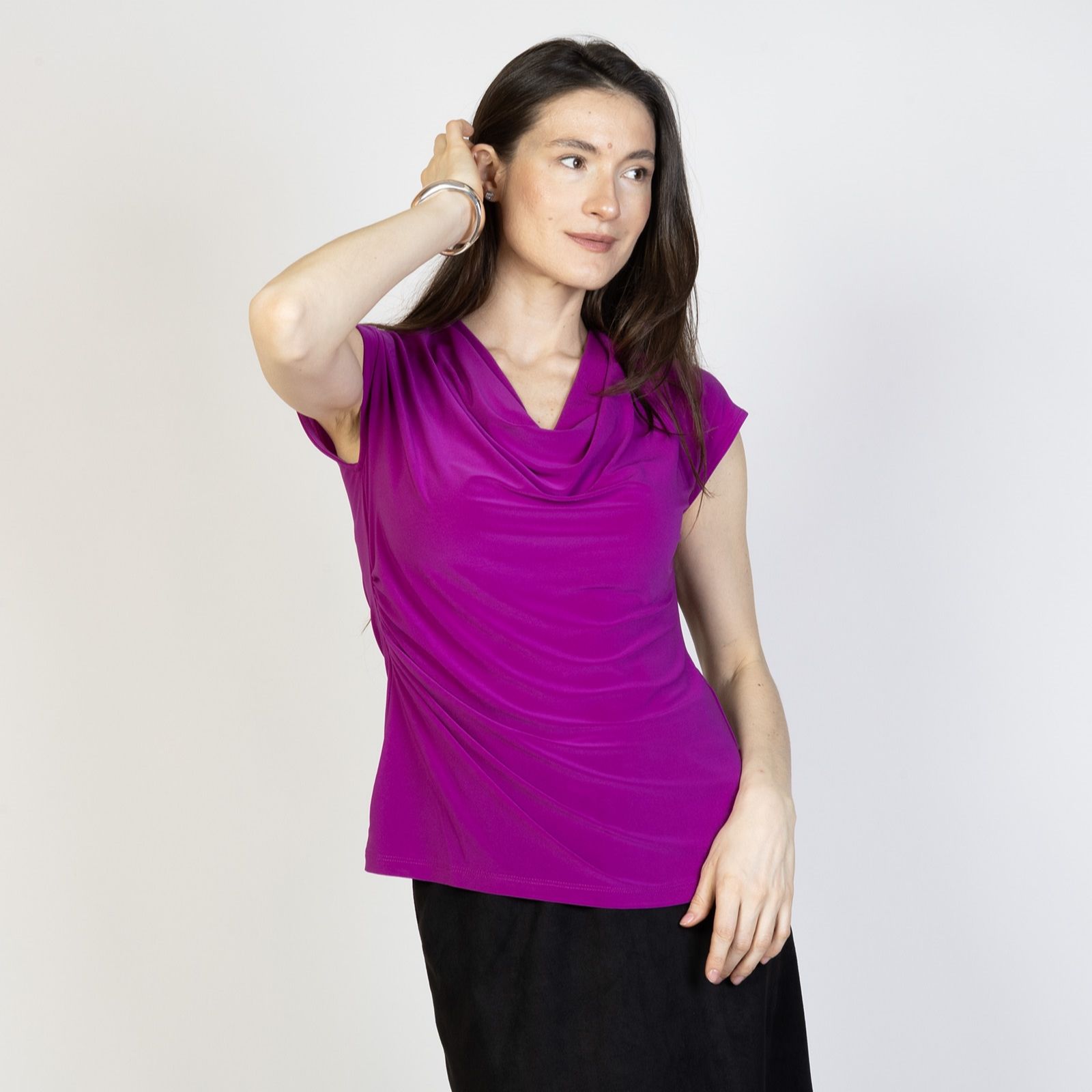 Kim & Co Deluxe Brazil Knit Short Sleeve Drape Neck Top