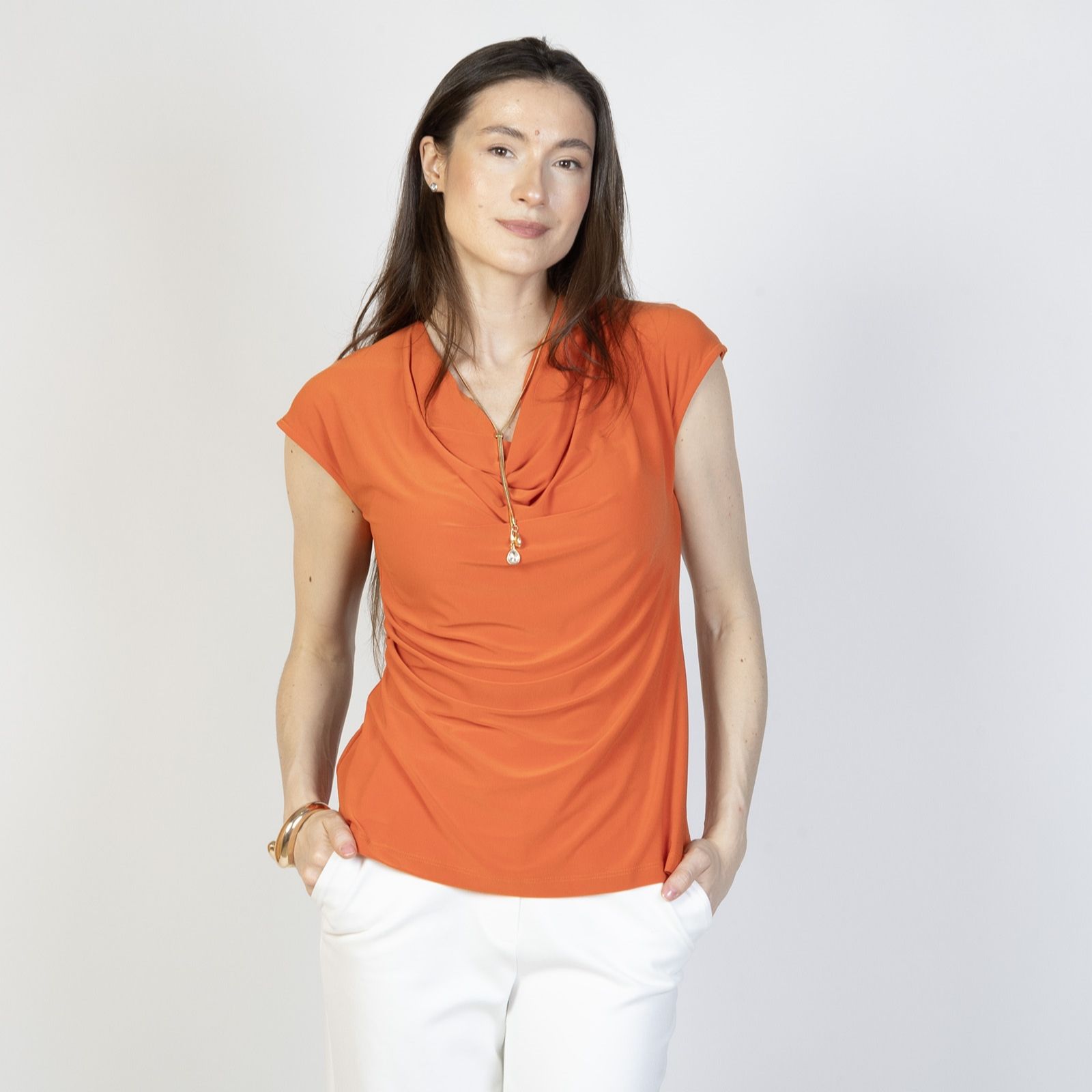 Kim & Co Deluxe Brazil Knit Short Sleeve Drape Neck Top