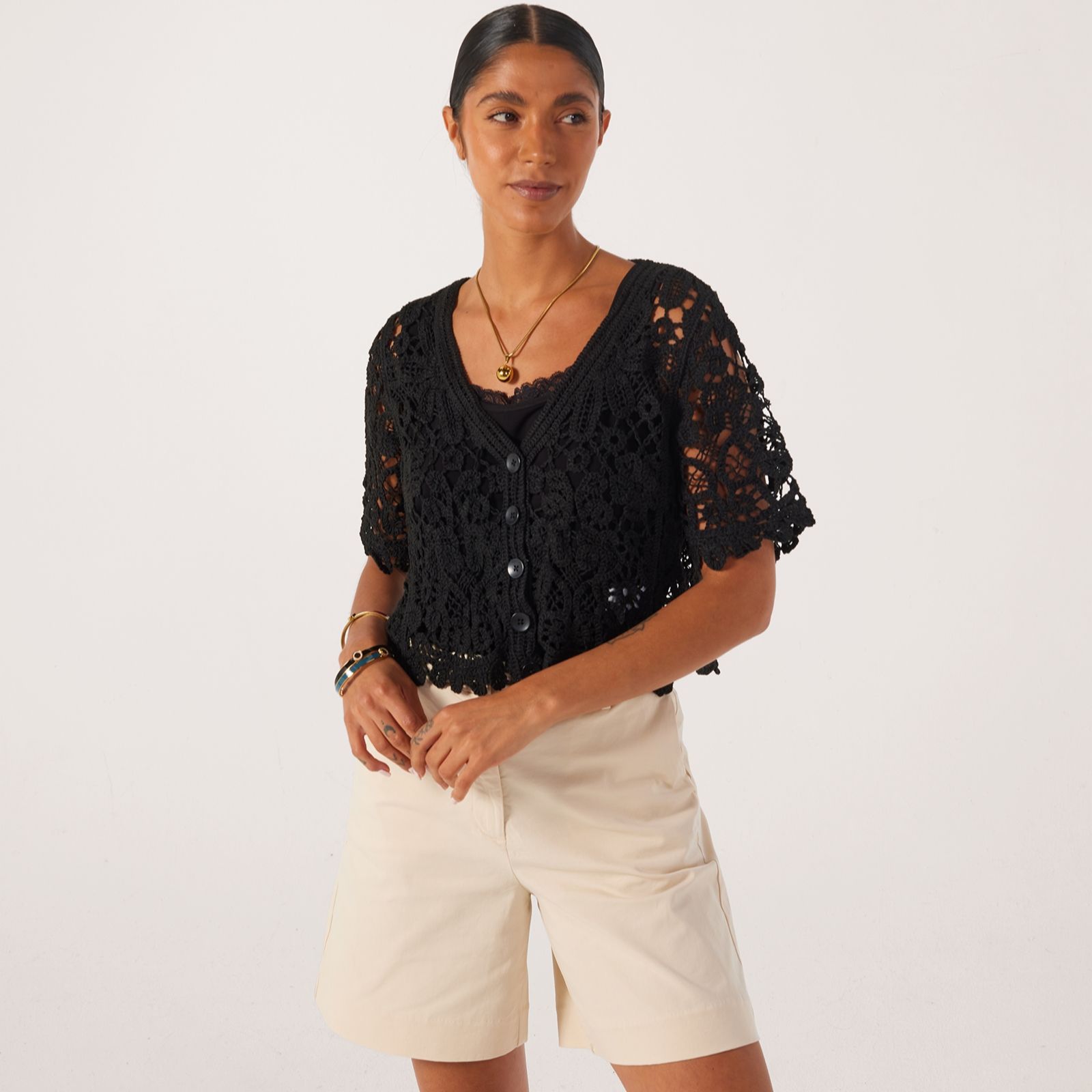 Nina Leonard Elbow Sleeve Open Crochet Bolero With Button Front