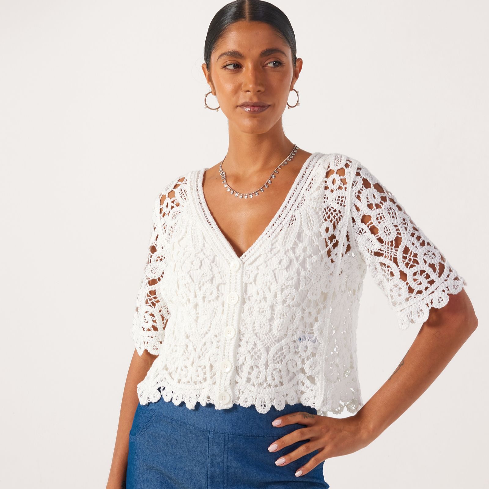Nina Leonard Elbow Sleeve Open Crochet Bolero With Button Front
