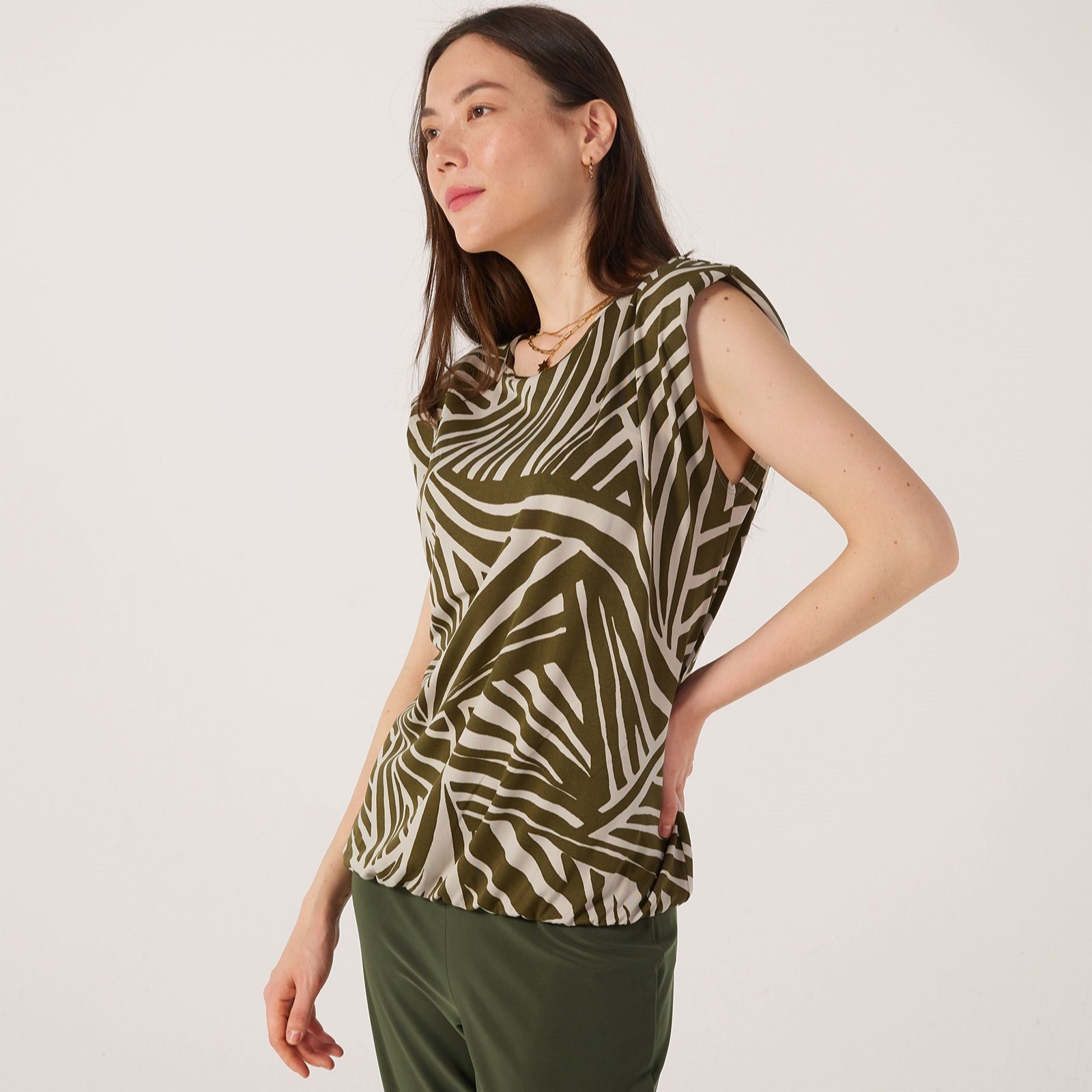 Kim & Co Printed Brazil Jersey Extended Shoulder Blouson Top