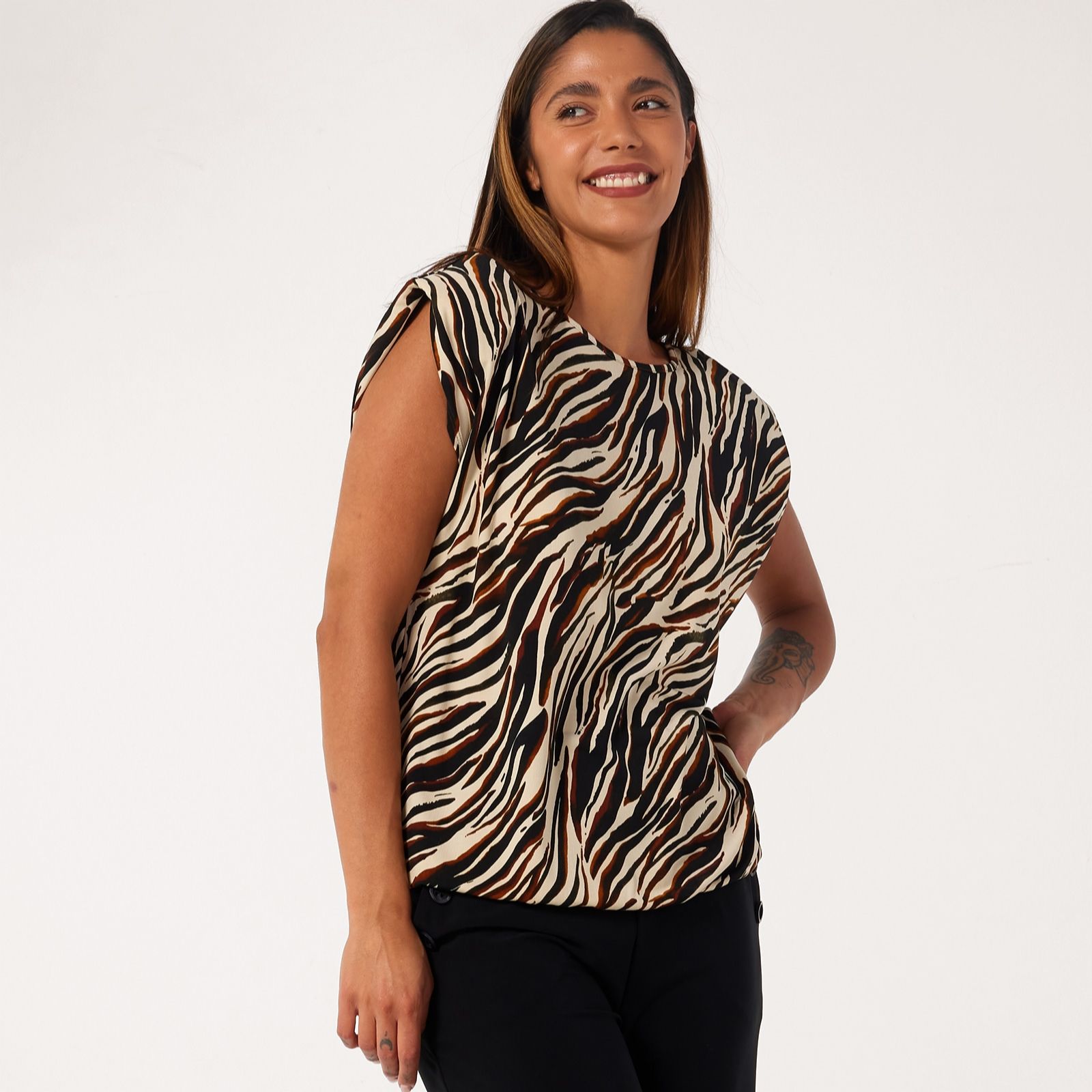 Kim & Co Printed Brazil Jersey Extended Shoulder Blouson Top