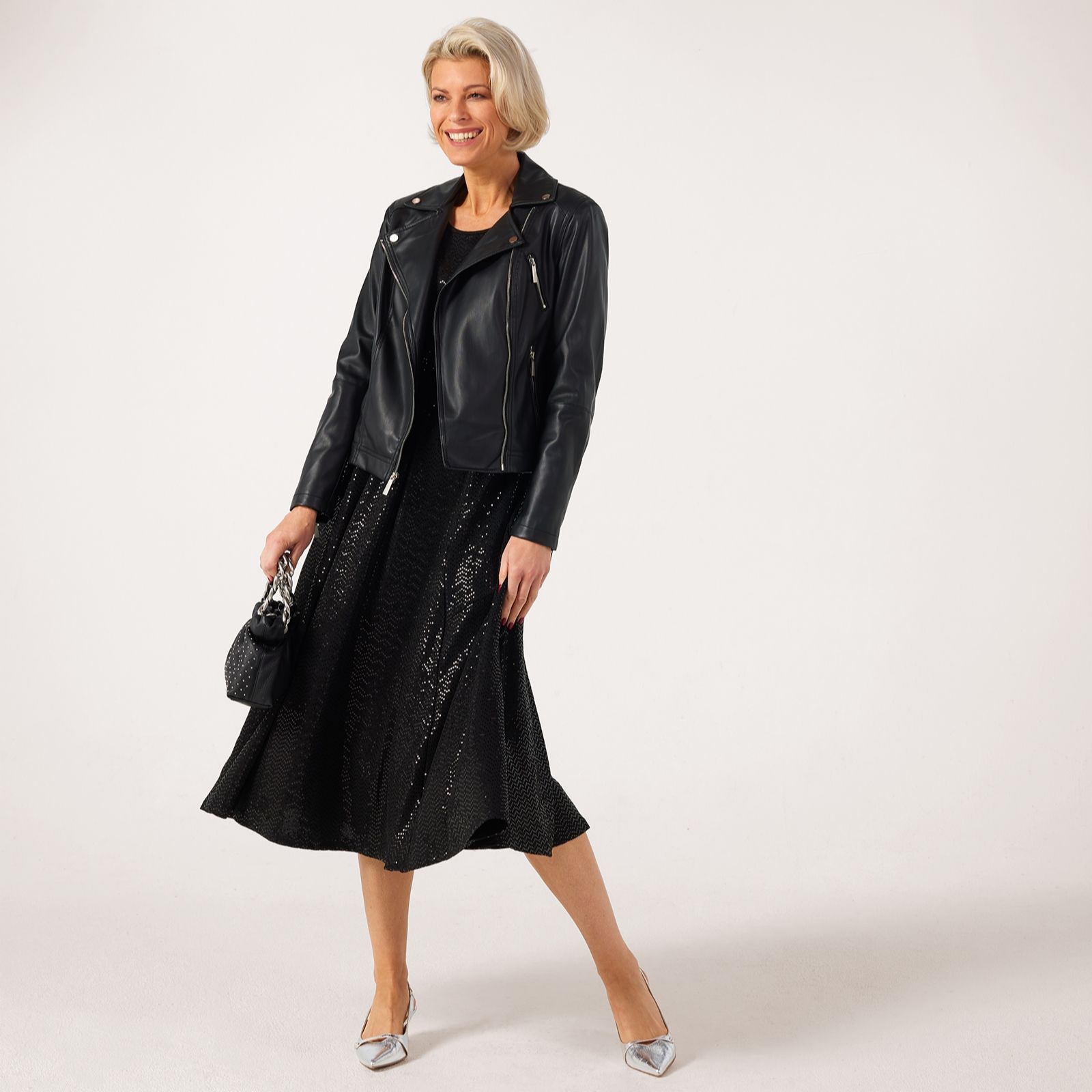Nina Leonard Long Sleeve Sylvia Dress With Sparkle Overlay - QVC UK