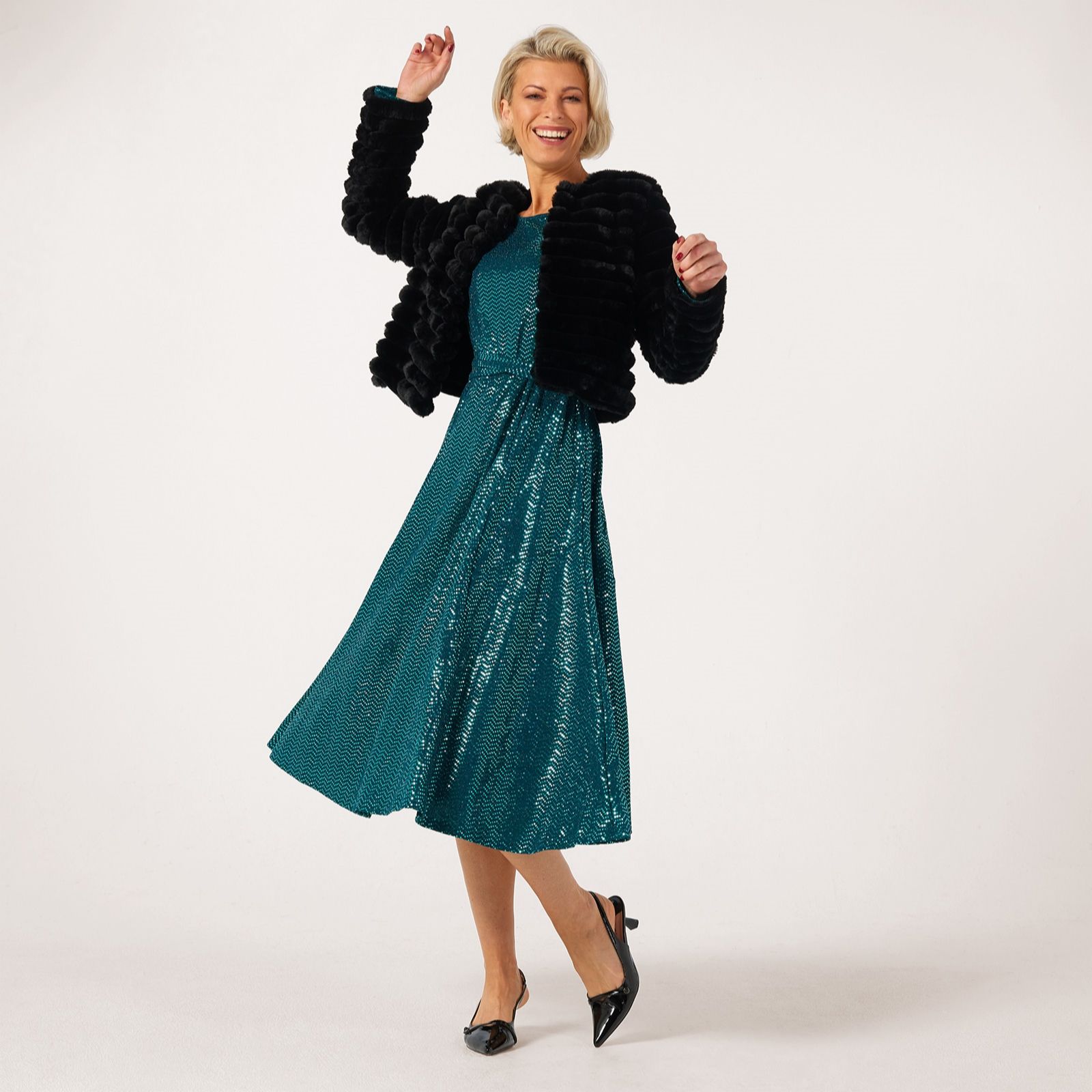 Nina Leonard Long Sleeve Sylvia Dress With Sparkle Overlay