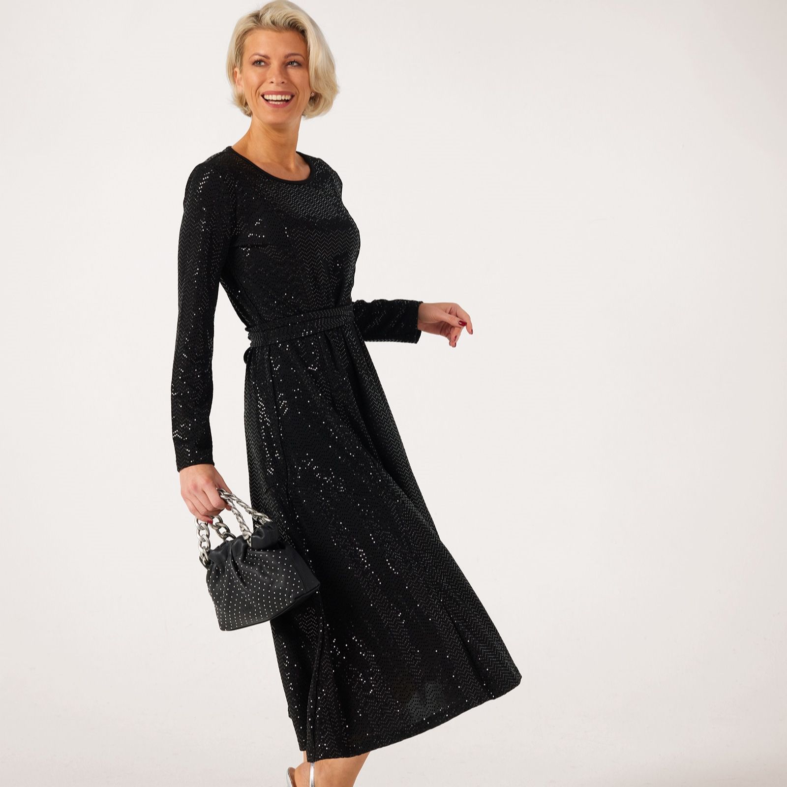 Nina Leonard Long Sleeve Sylvia Dress With Sparkle Overlay