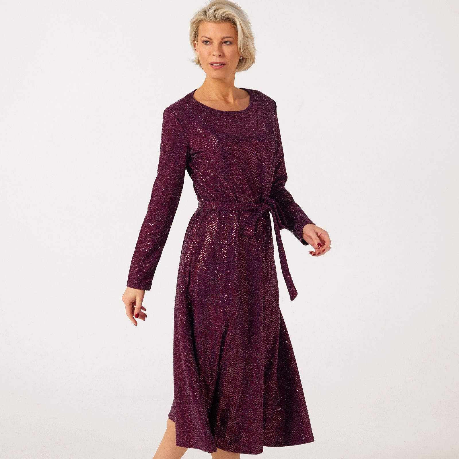 Nina Leonard Long Sleeve Sylvia Dress With Sparkle Overlay