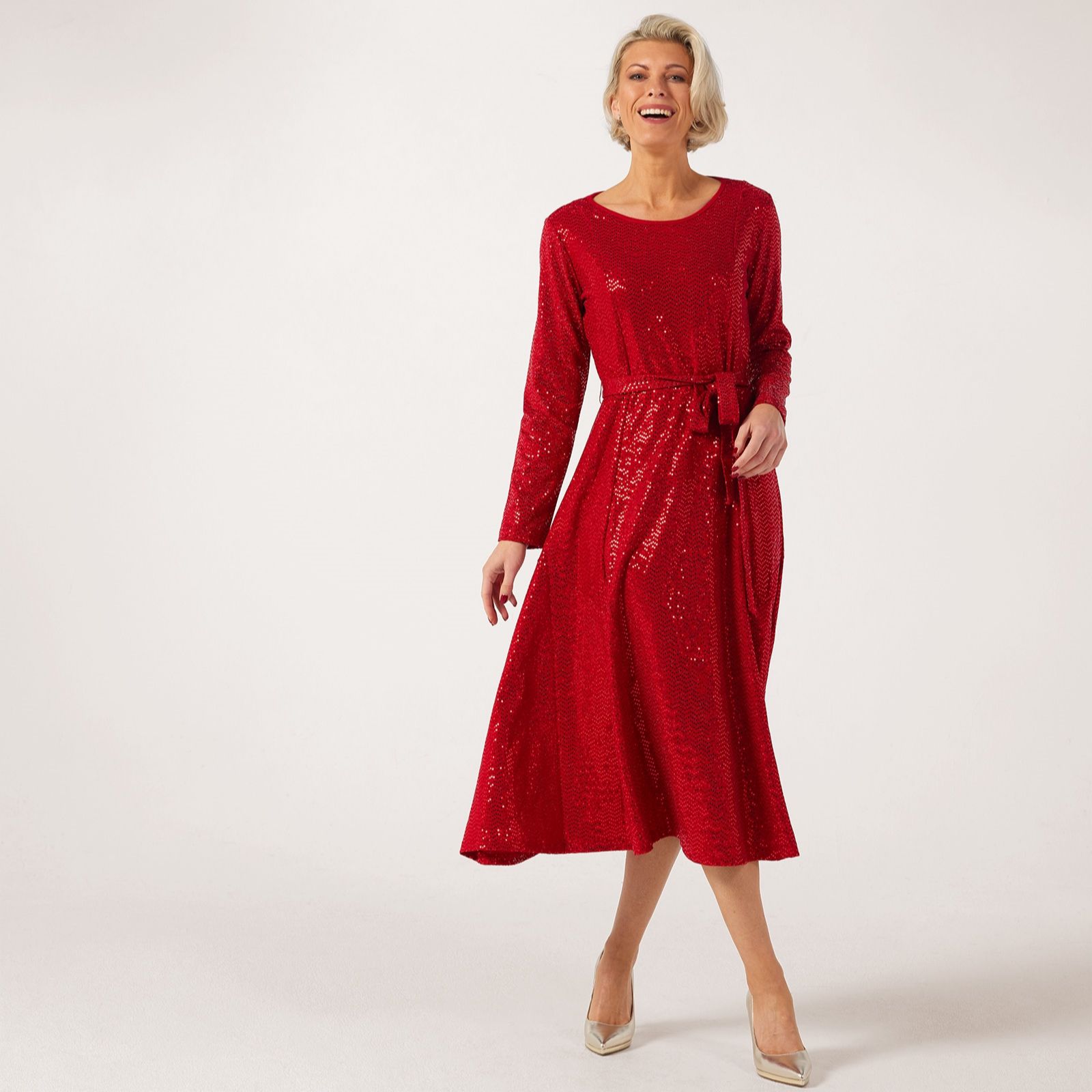 Nina Leonard Long Sleeve Sylvia Dress With Sparkle Overlay