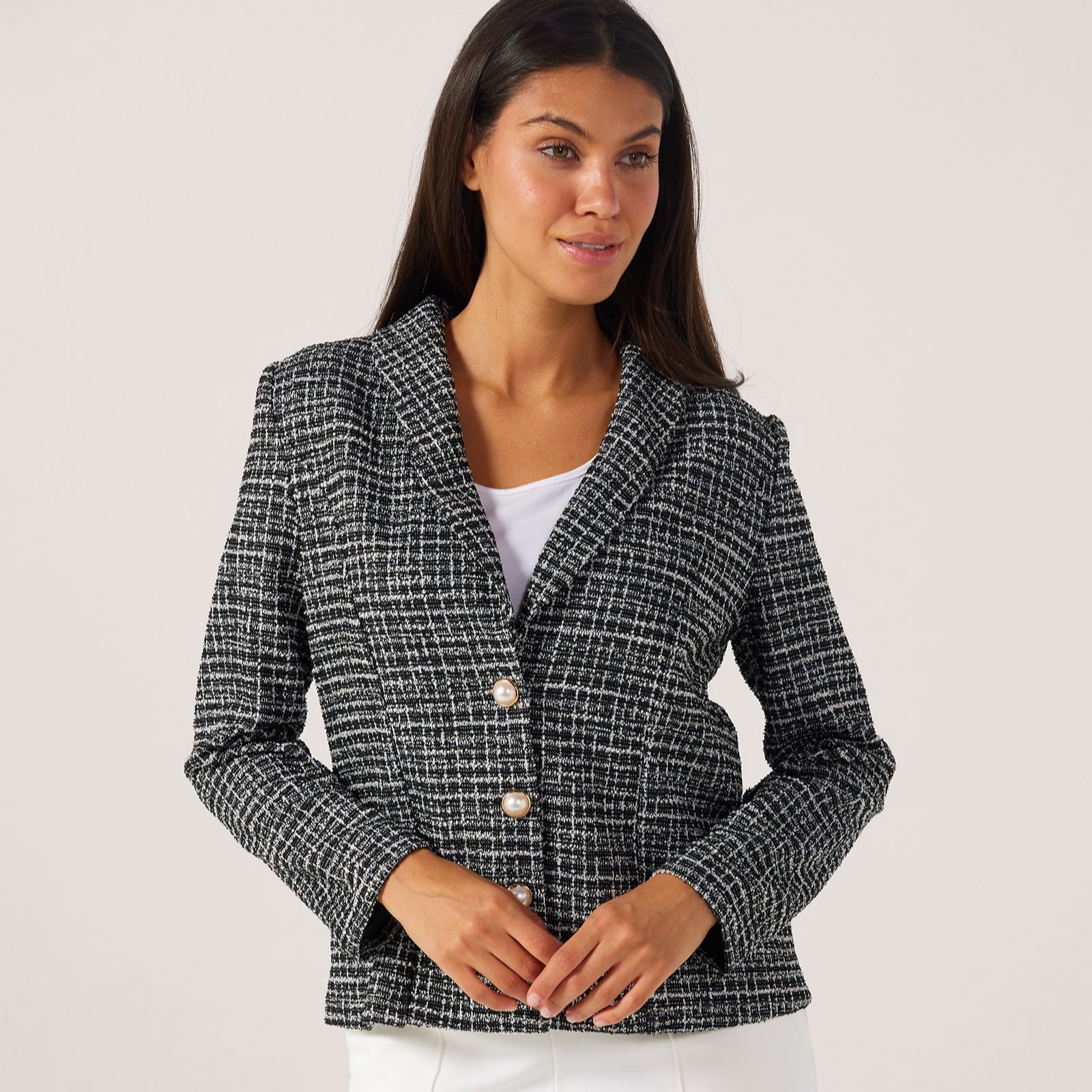 Kim & Co Mini Plaid Boucle Knit Blazer Jacket