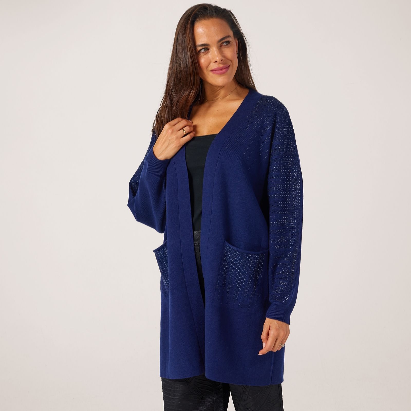 Frank Usher Ribbed Knit Long Cardigan with Rain Stud Design