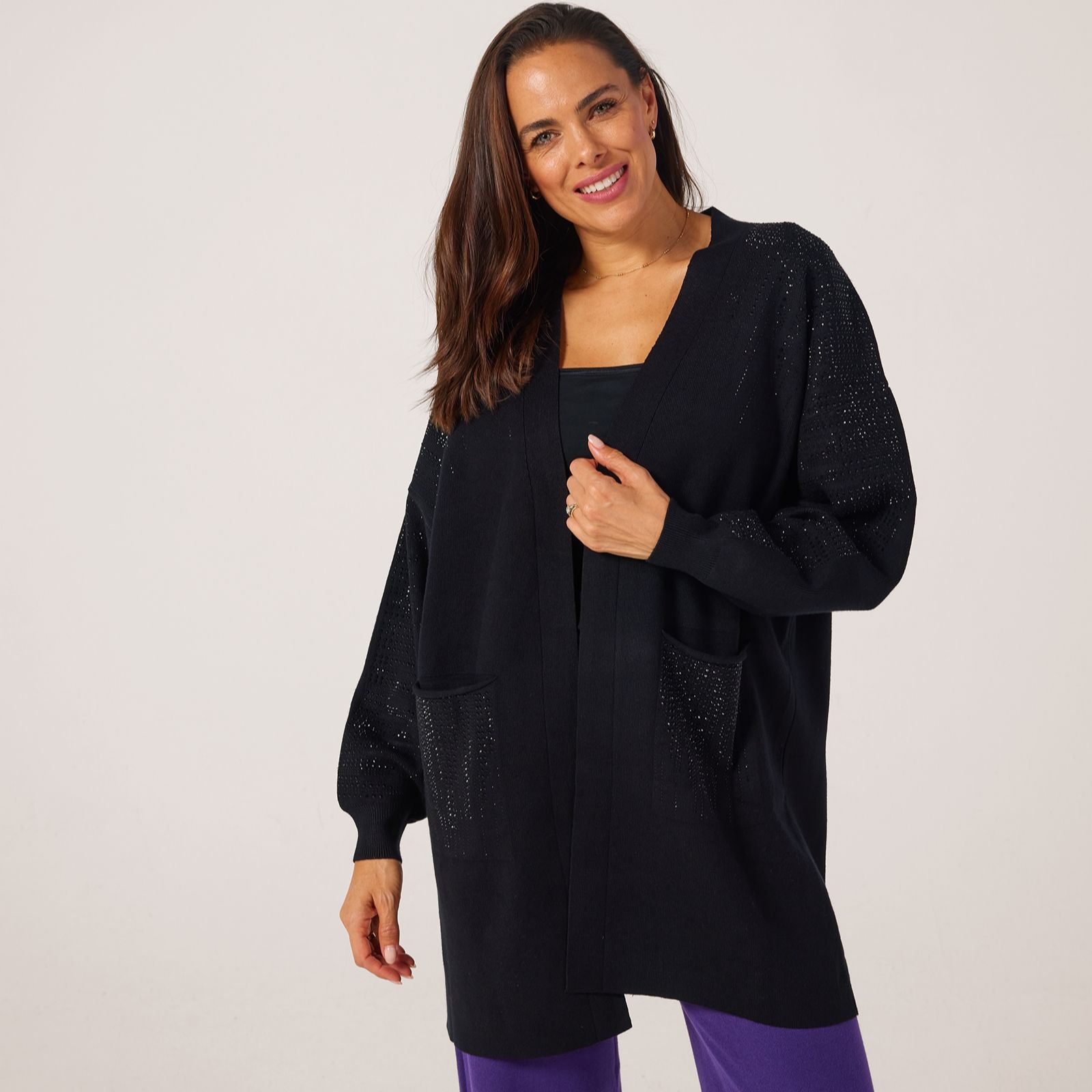 Frank Usher Ribbed Knit Long Cardigan with Rain Stud Design