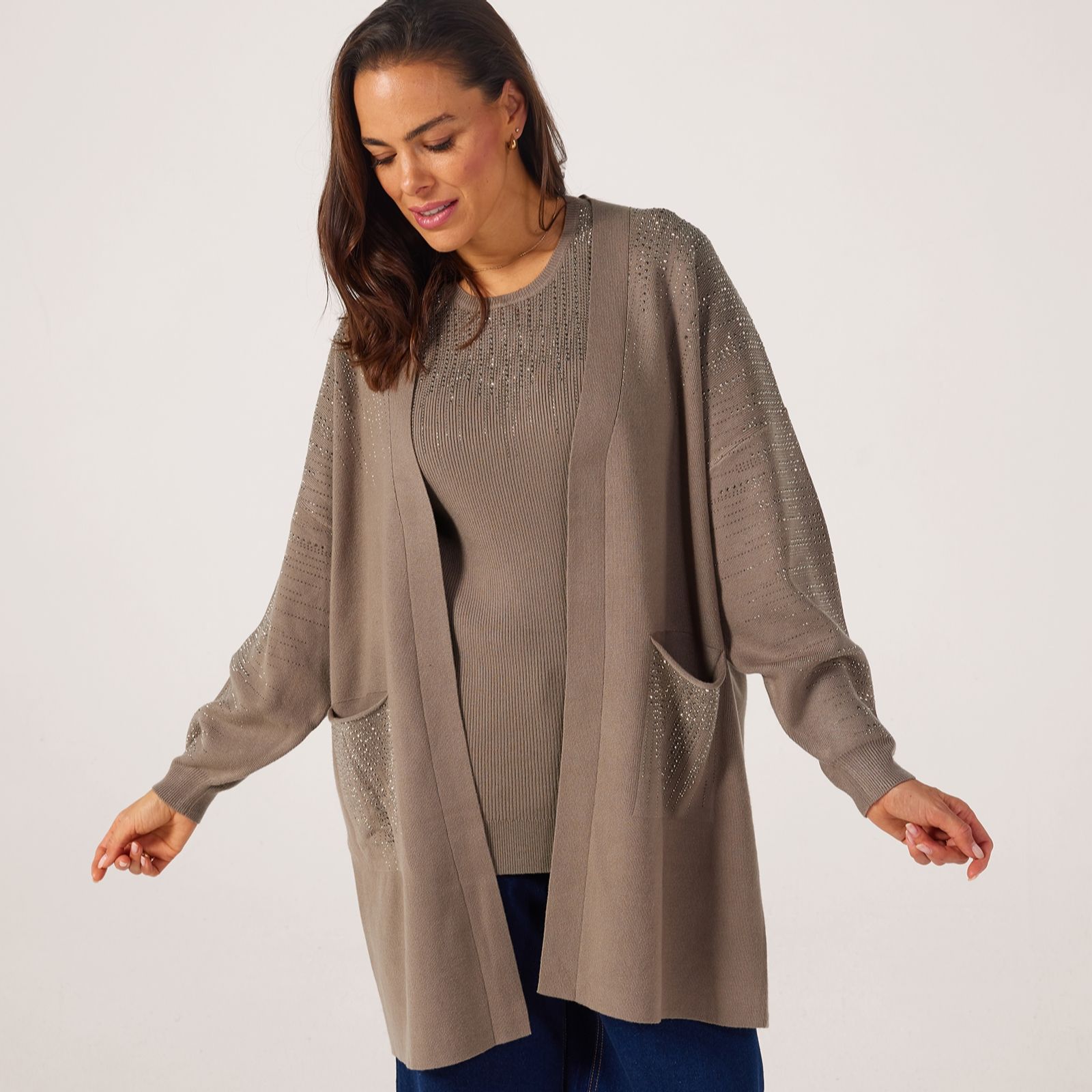Frank Usher Ribbed Knit Long Cardigan with Rain Stud Design