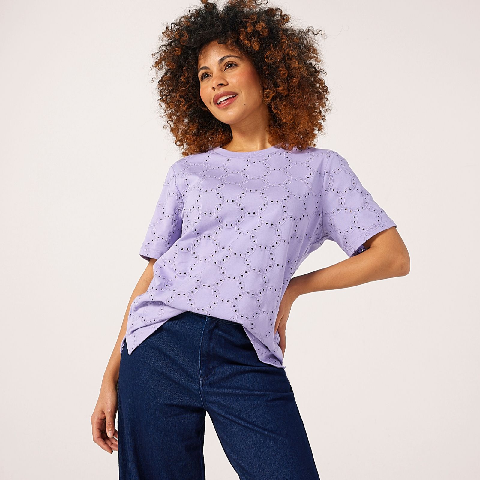 Denim & Co. Crew Neck Broderie Detail Top