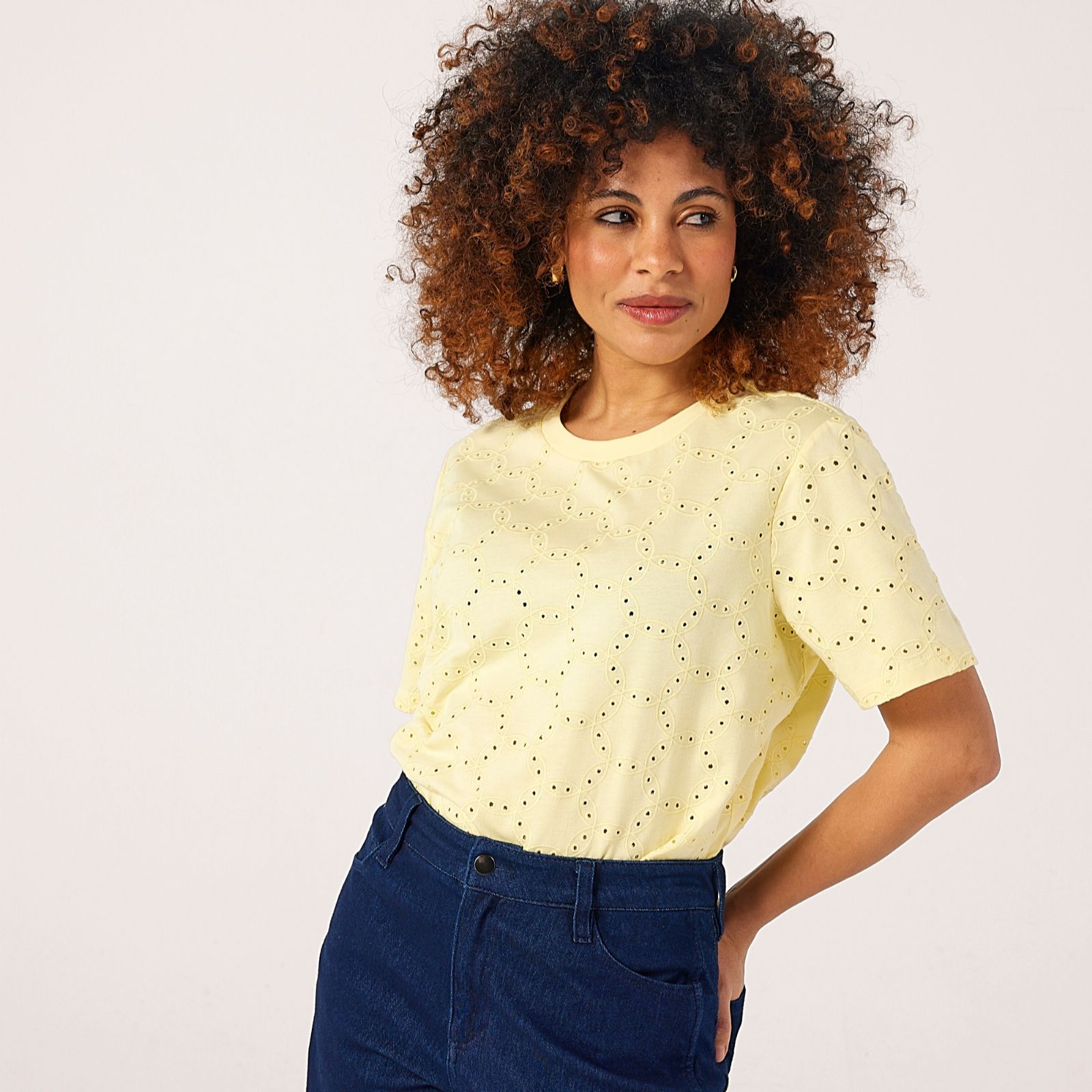 Denim & Co. Crew Neck Broderie Detail Top