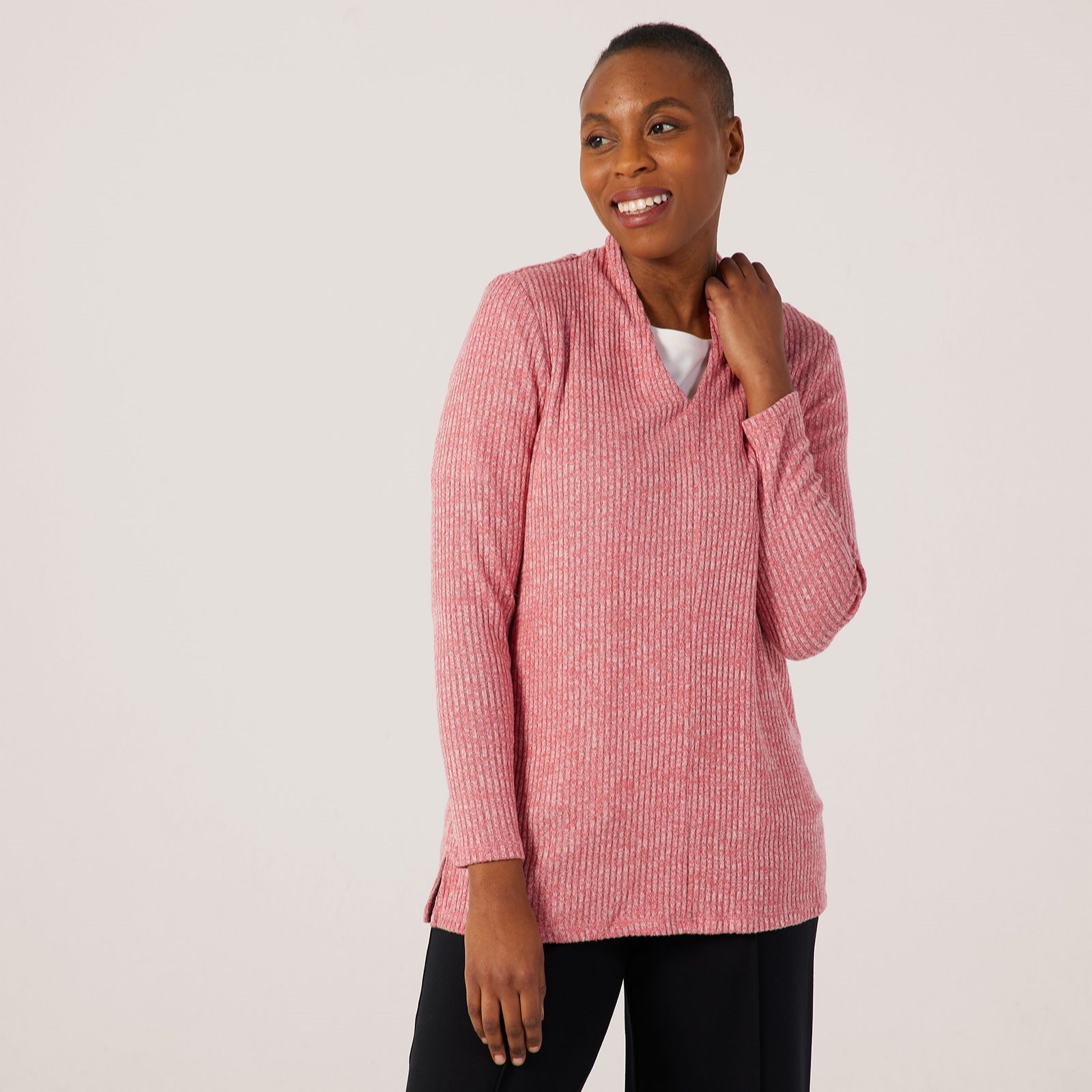 Denim & Co. Rib Long Sleeve V Neck Tunic