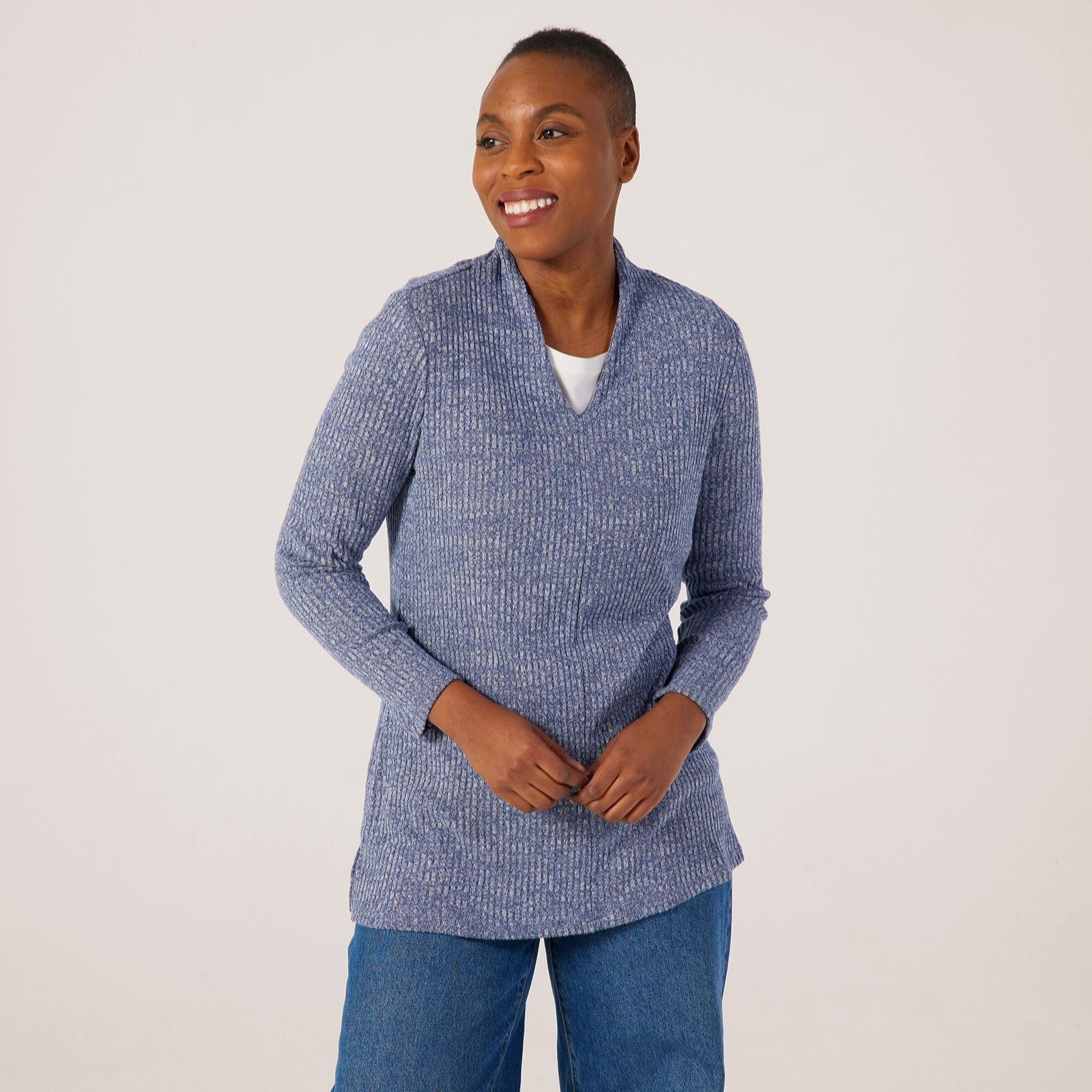 Denim & Co. Rib Long Sleeve V Neck Tunic