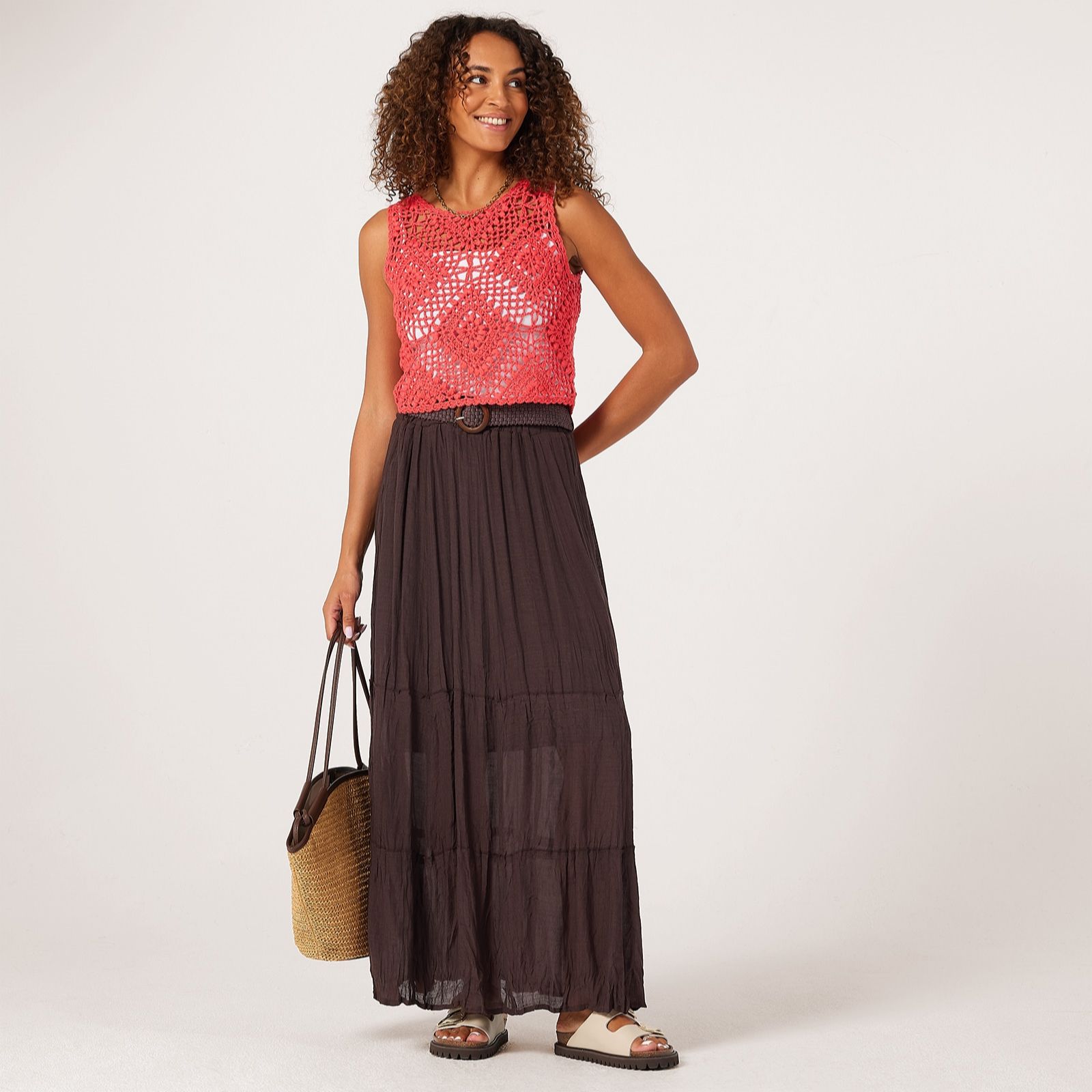 Apricot Tiered Maxi Belted Skirt Short
